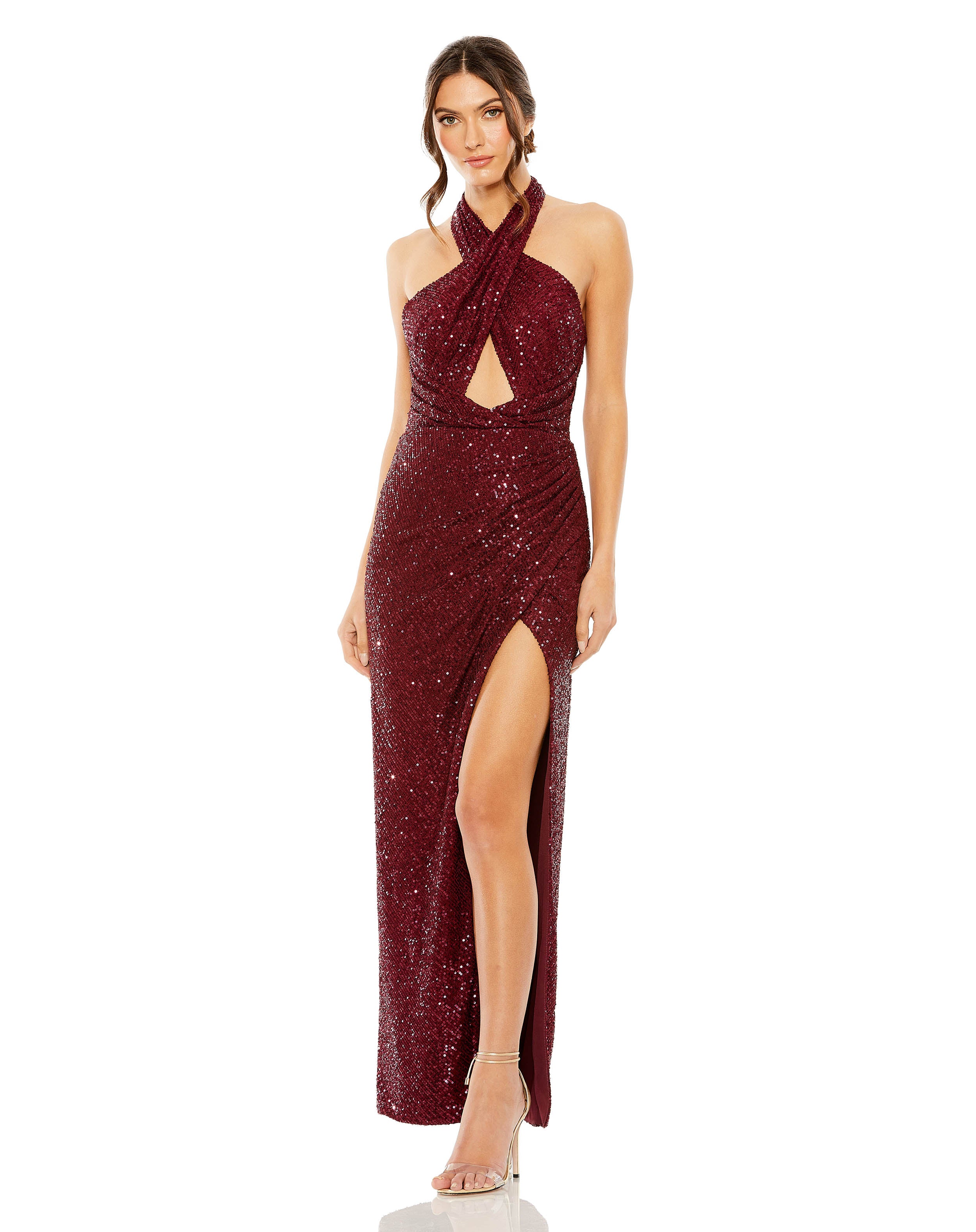 Halter Front Cut-Out Ruched High Slit Sequin Gown | Sample | Sz. XS