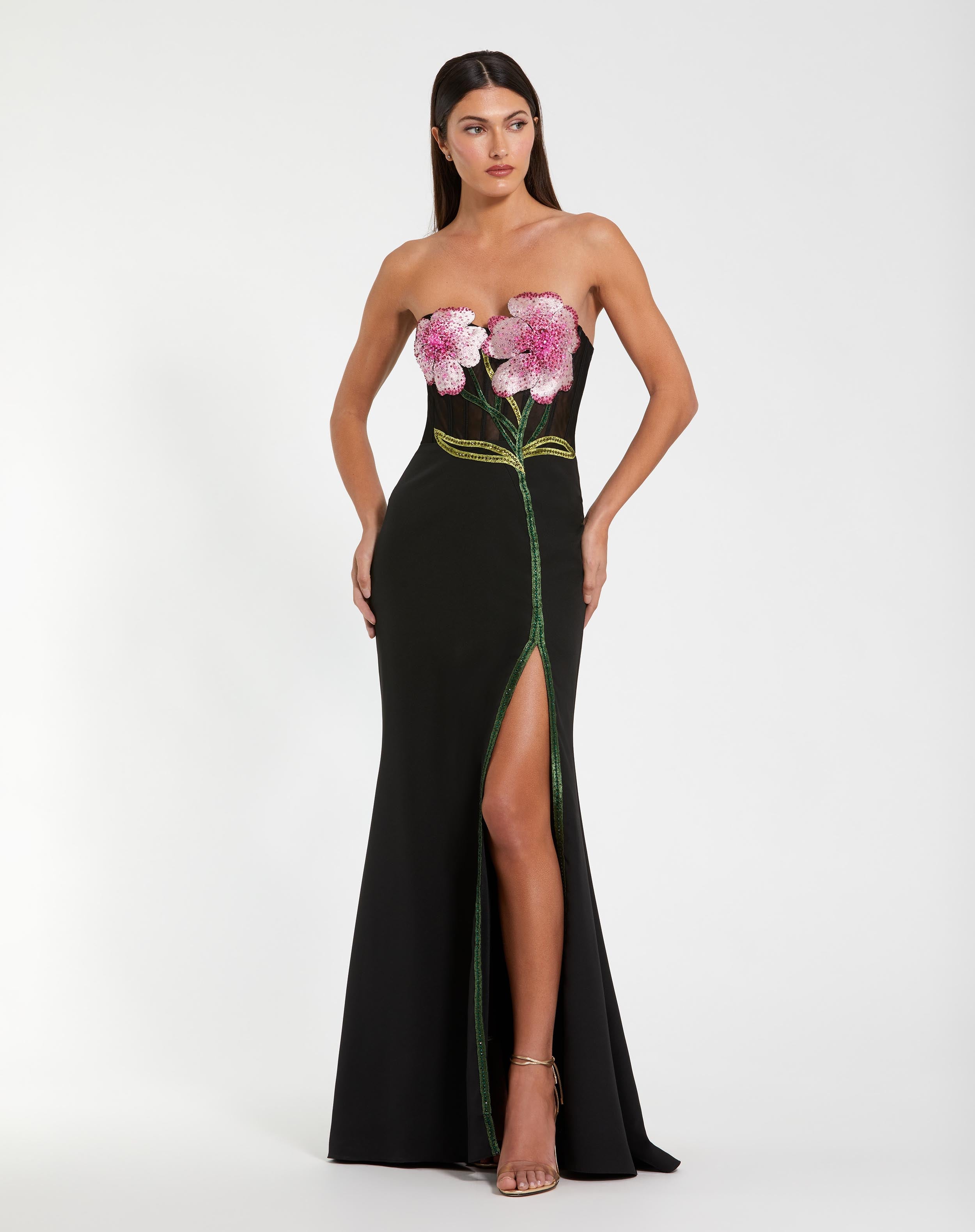 Black Strapless Sheer Embroidered Bustier Gown - Ieena for Mac Duggal