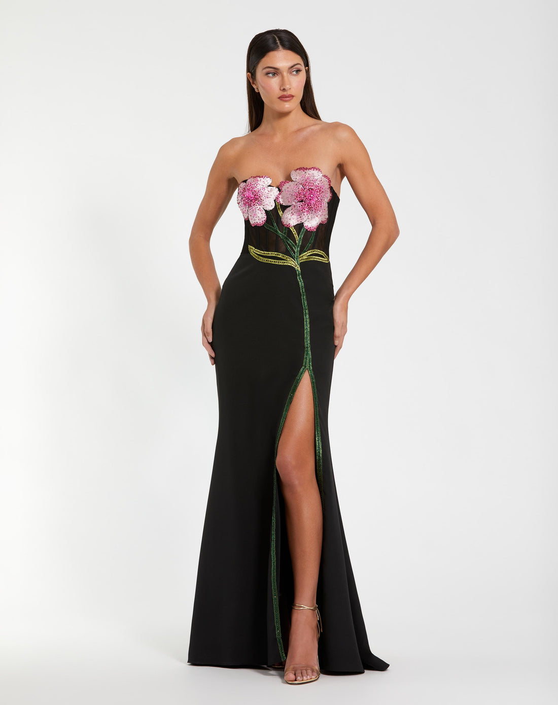 Black Strapless Sheer Embroidered Bustier Gown - Ieena for Mac Duggal