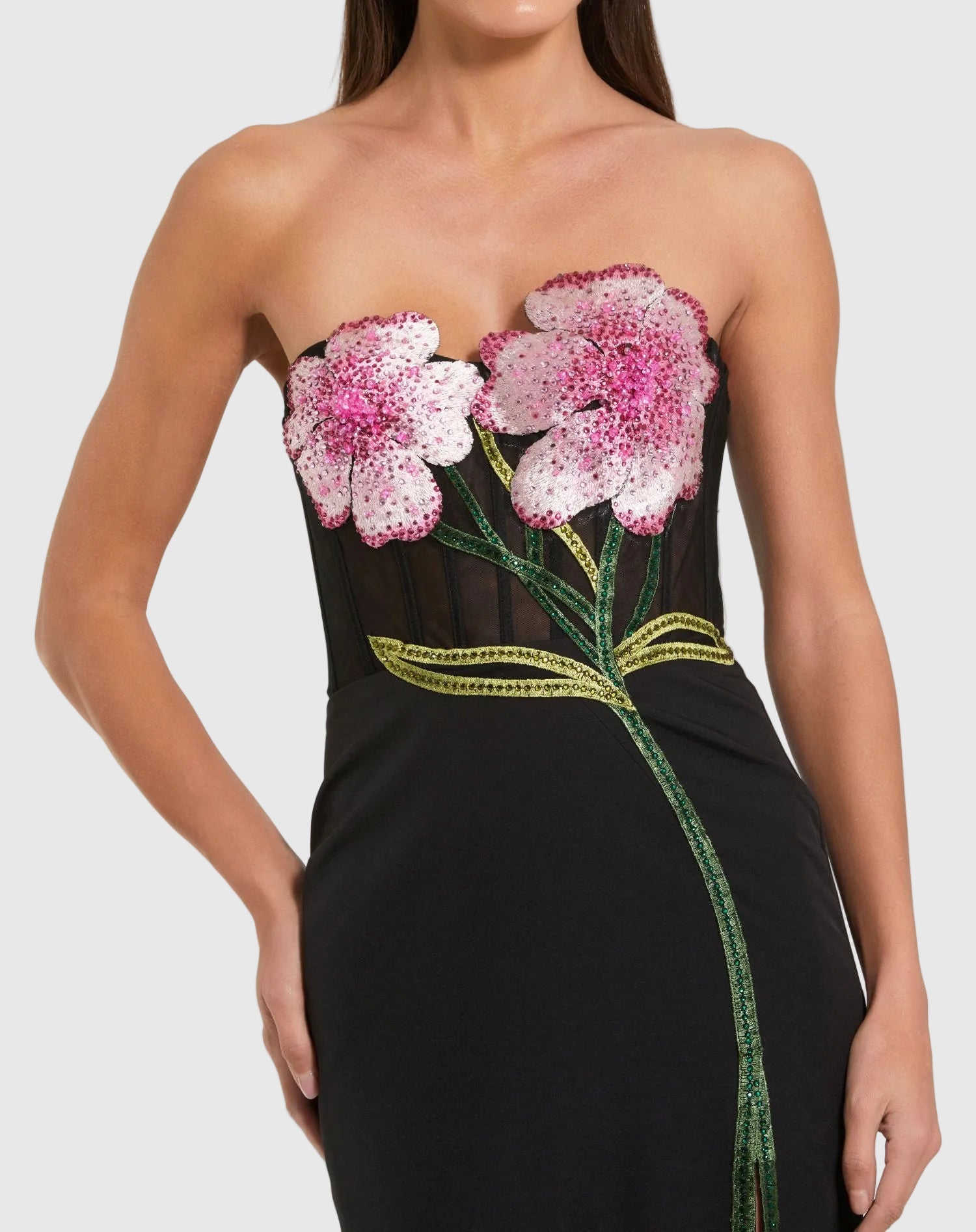 Black Strapless Sheer Embroidered Bustier Gown - Ieena for Mac Duggal