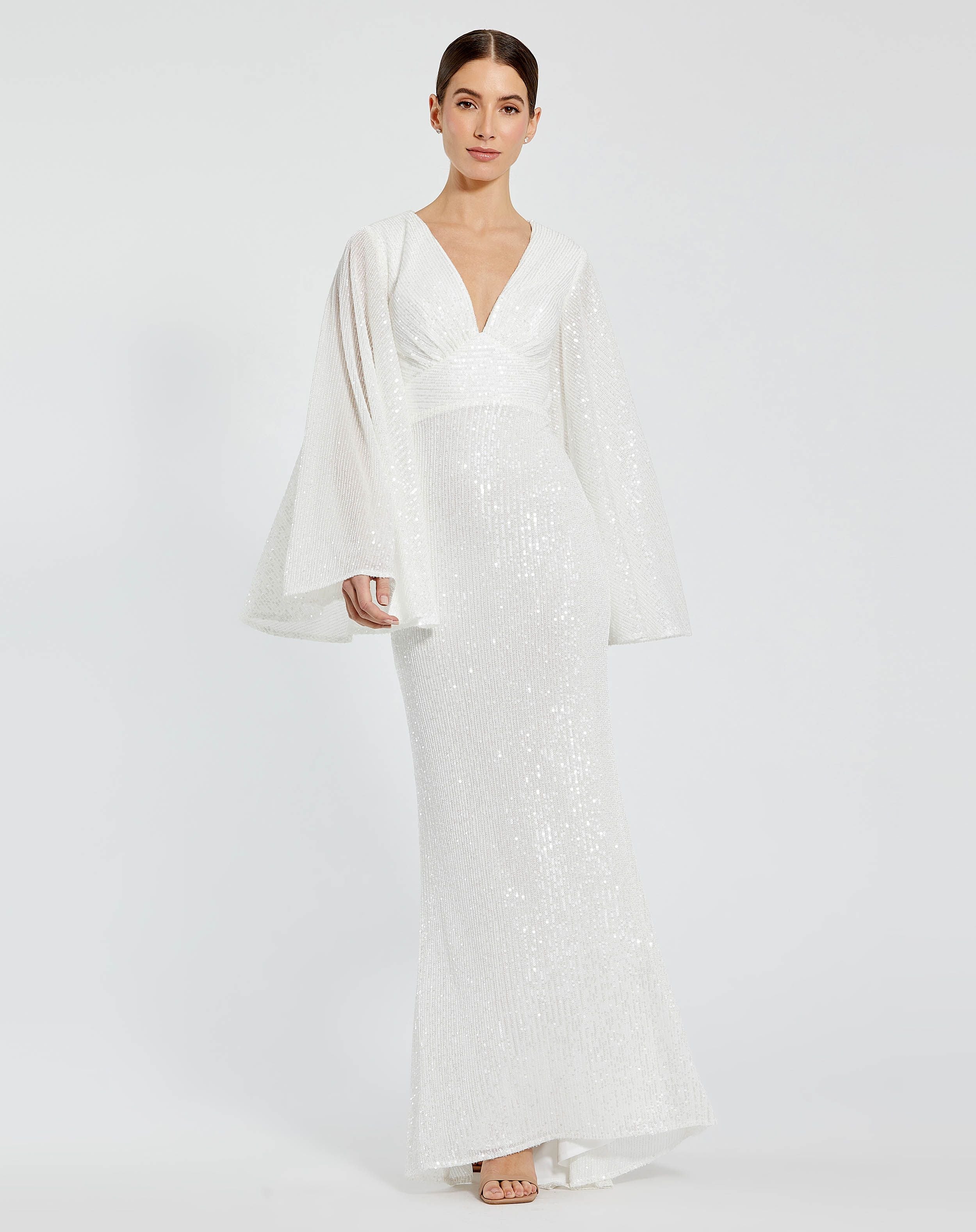 Long Flare Sleeve Deep-V Open Back Sequin Gown | Sample | Sz. XS