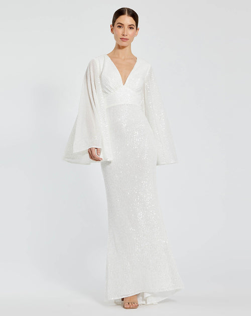 Long Flare Sleeve Deep-V Open Back Sequin Gown | Sample | Sz. XS