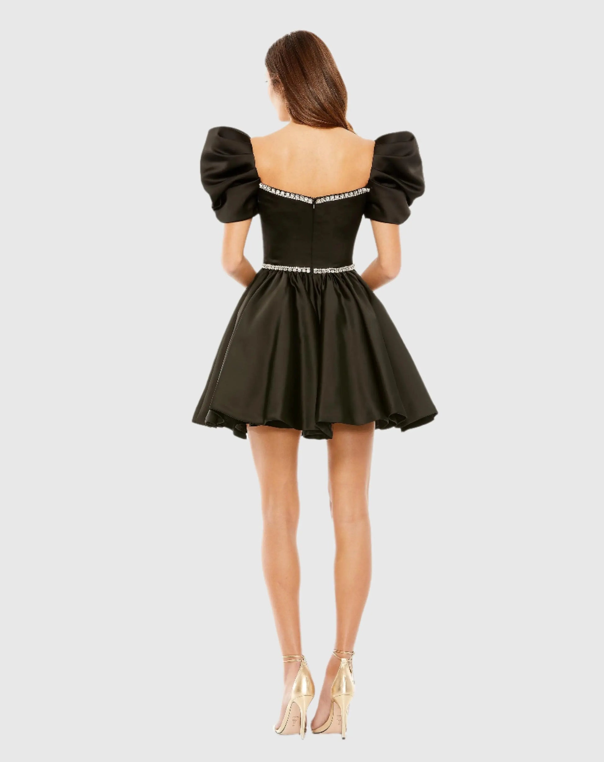 Black Beaded Top Puff Sleeve Dress - Mac Duggal