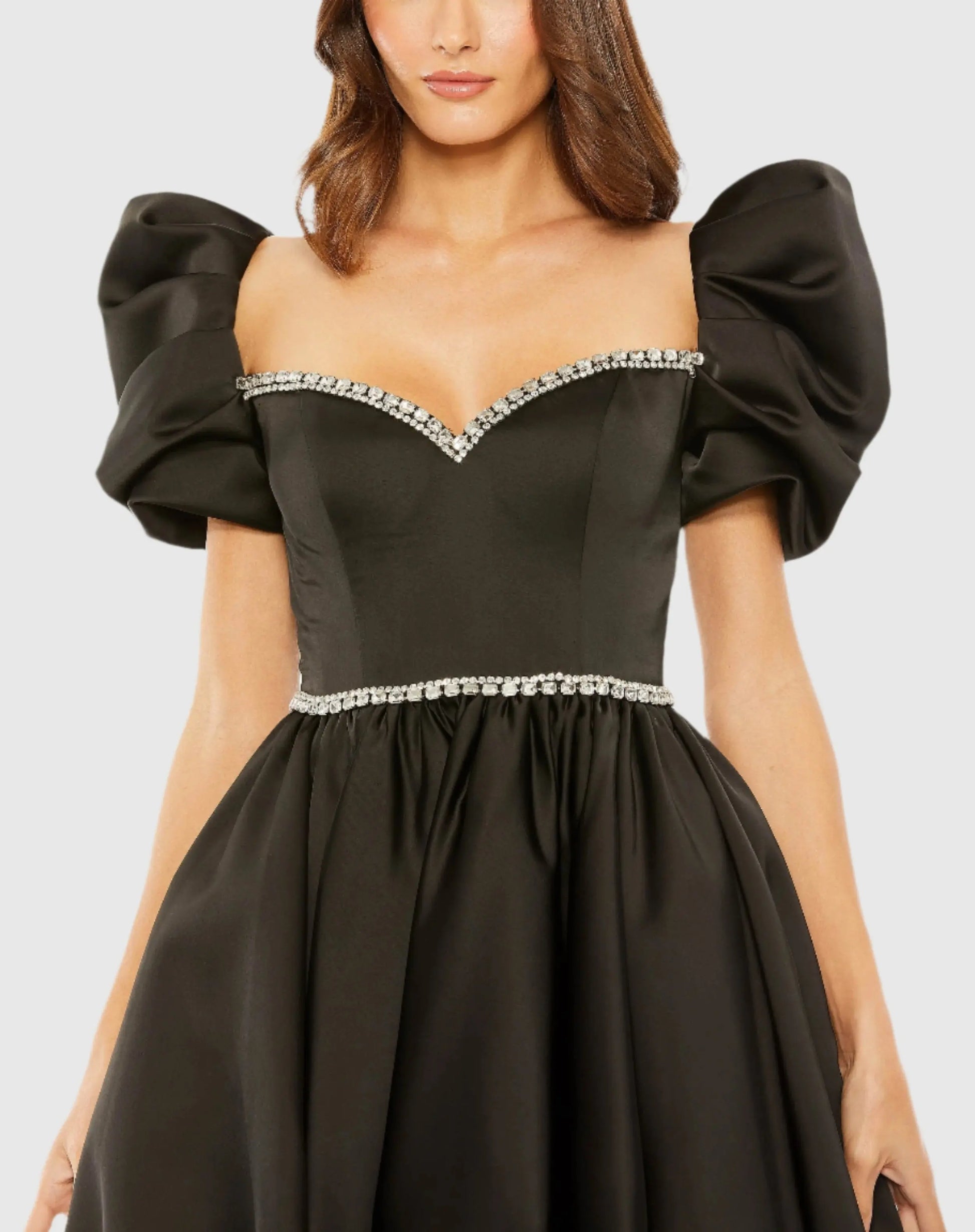 Black Beaded Top Puff Sleeve Dress - Mac Duggal