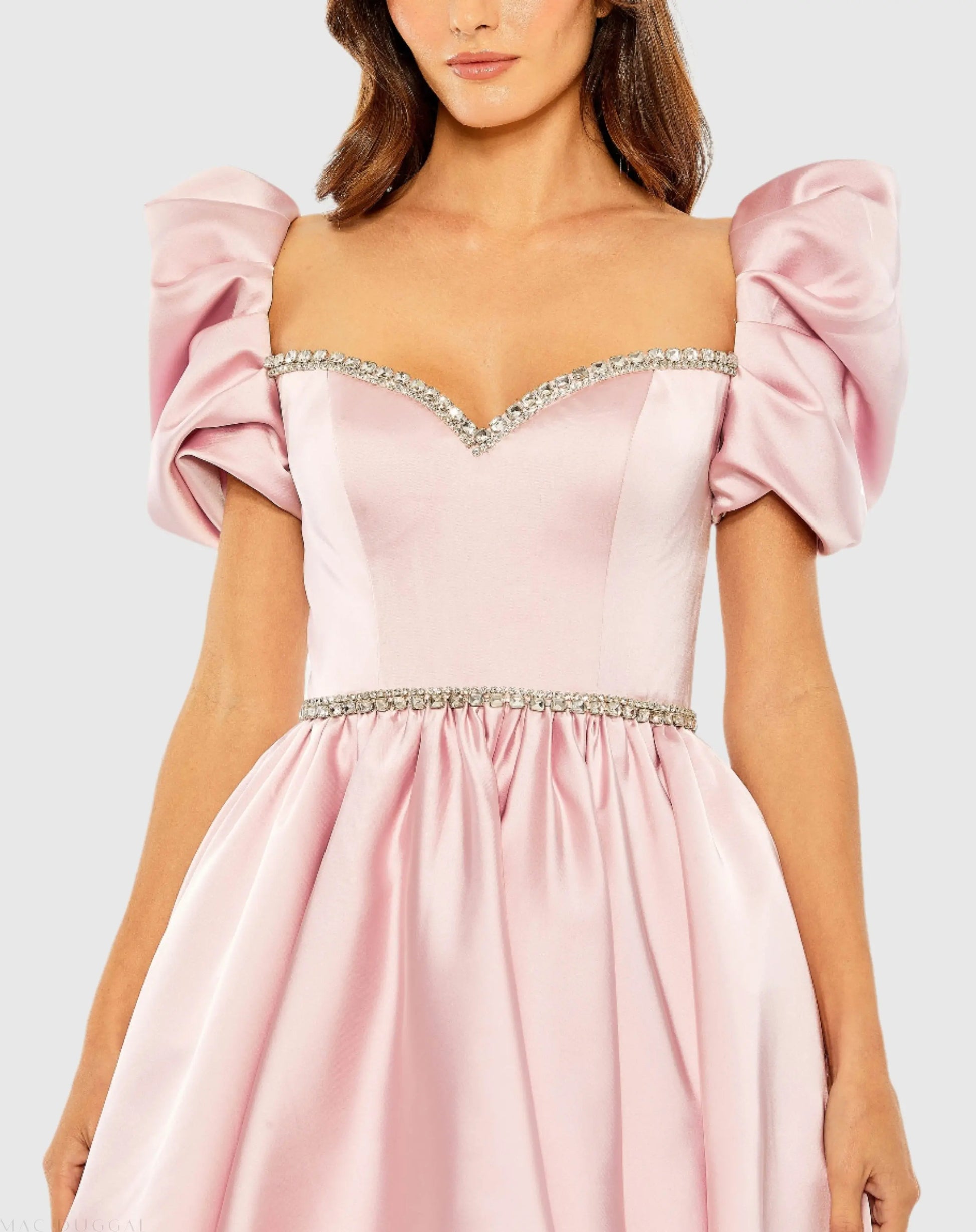 Pink Beaded Top Puff Sleeve Dress - Mac Duggal