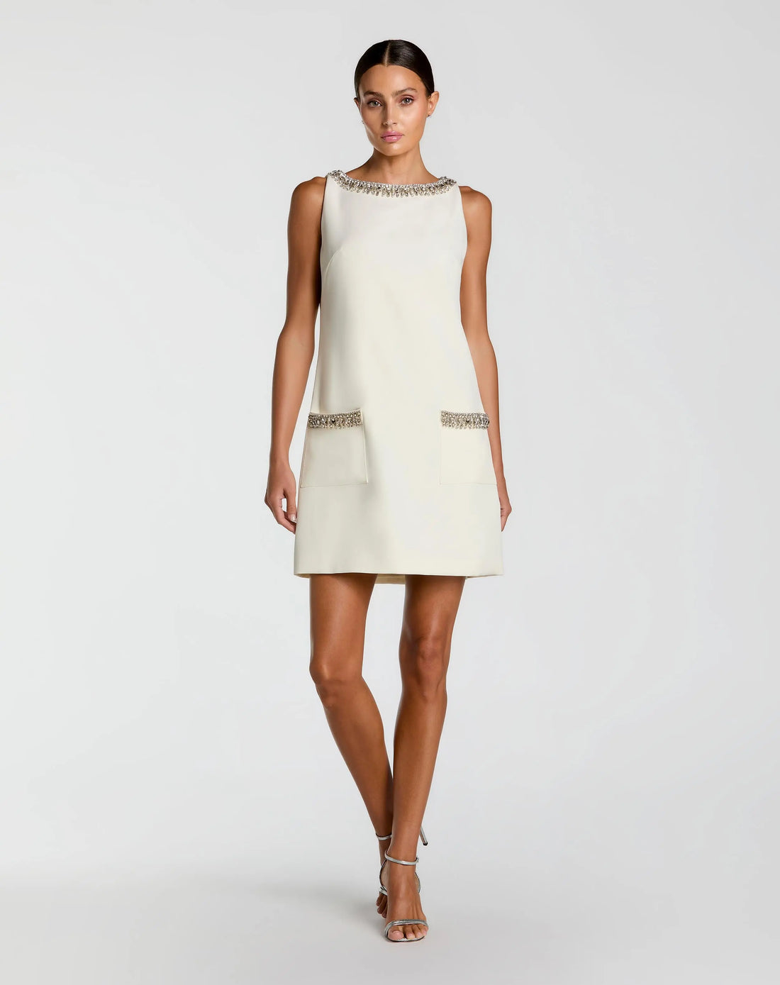 Ivory Sleeveless Shift Mini Dress with Rhinestone Trim | Mac Duggal Ivory Sleeveless Shift Mini Dress with Rhinestone Trim | Mac Duggal