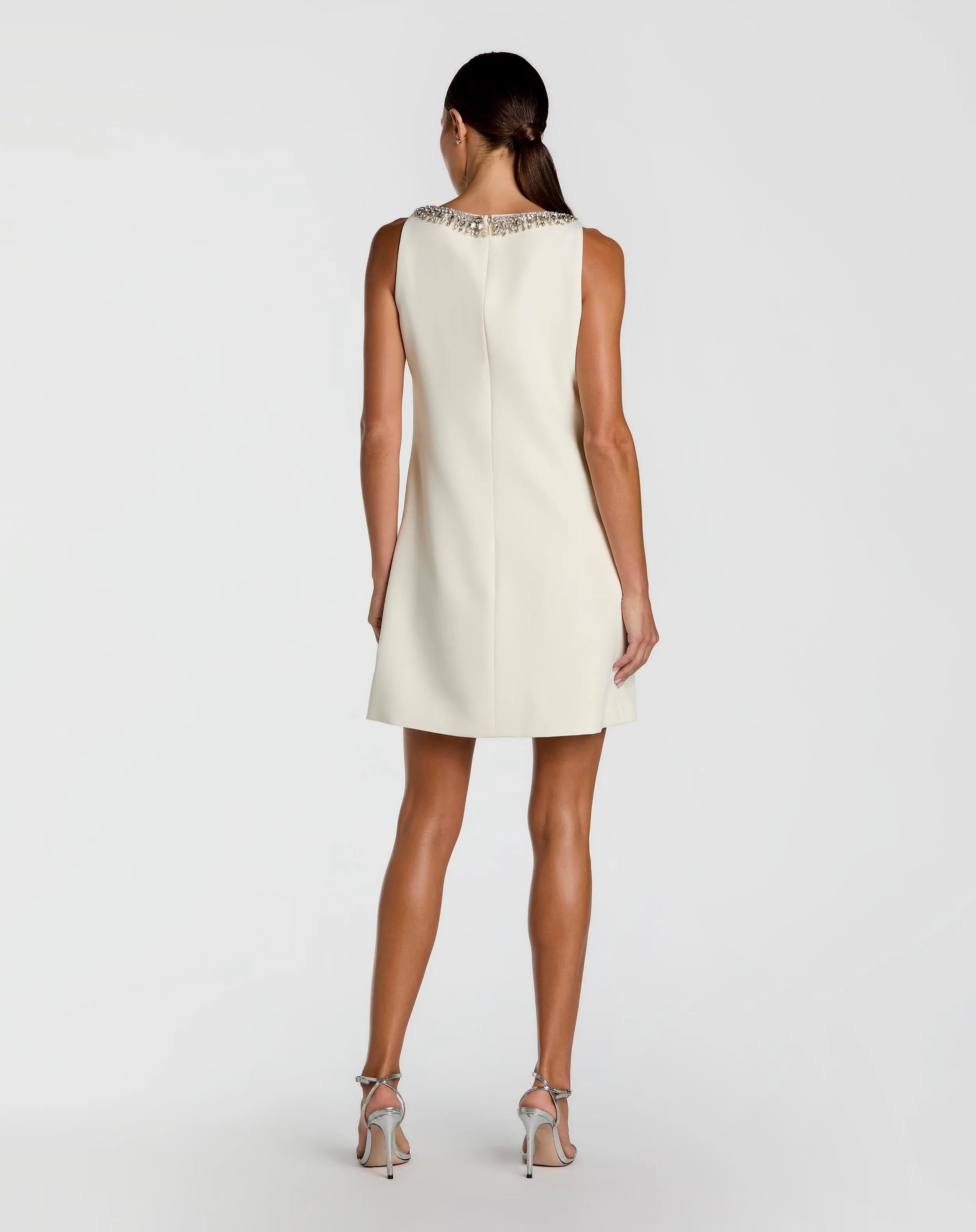 Ivory Sleeveless Shift Mini Dress with Rhinestone Trim | Mac Duggal Ivory Sleeveless Shift Mini Dress with Rhinestone Trim | Mac Duggal