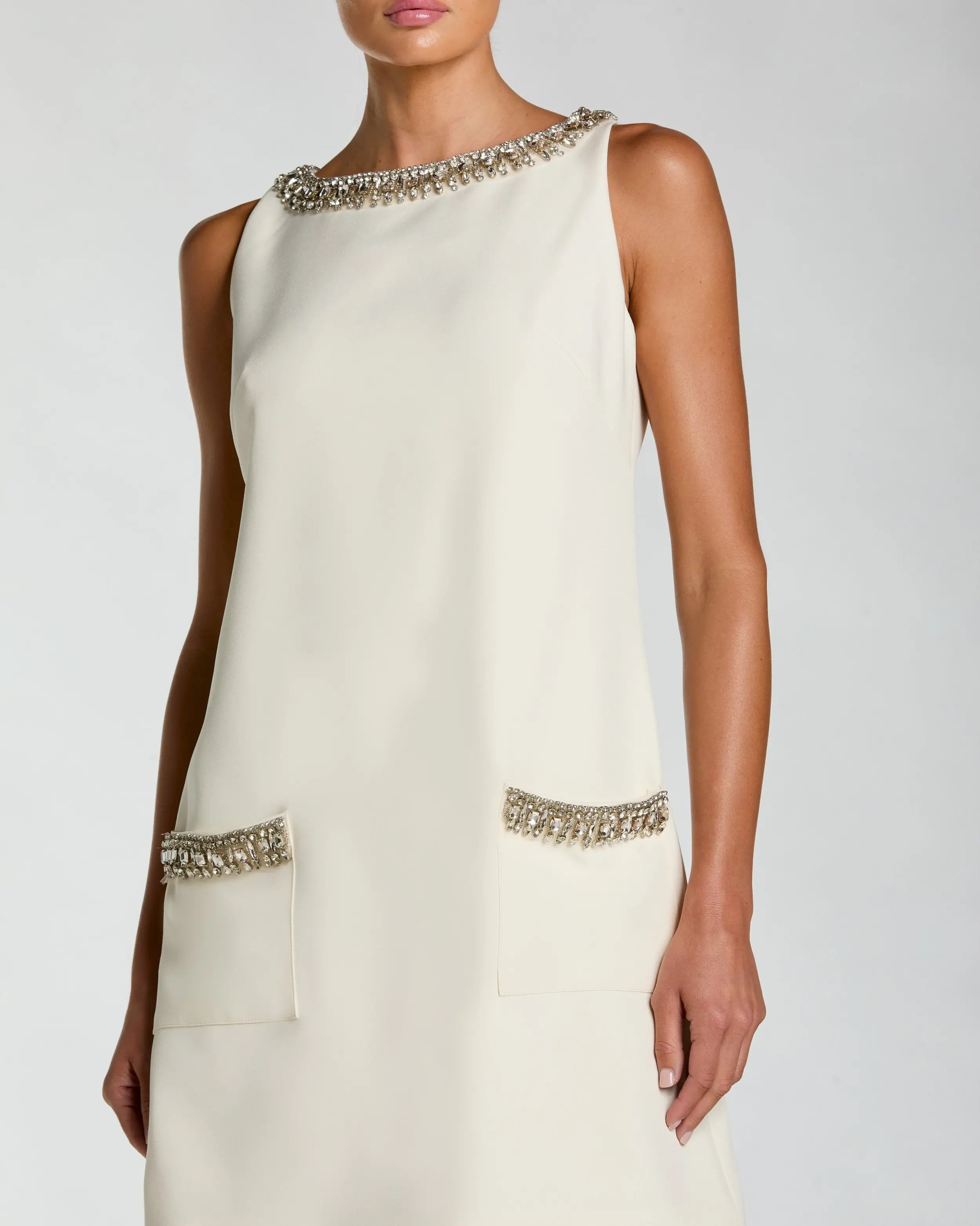 mcq by alexander mcqueen embellished sleeveless mini shift dress Ivory Sleeveless Shift Mini Dress with Rhinestone Trim