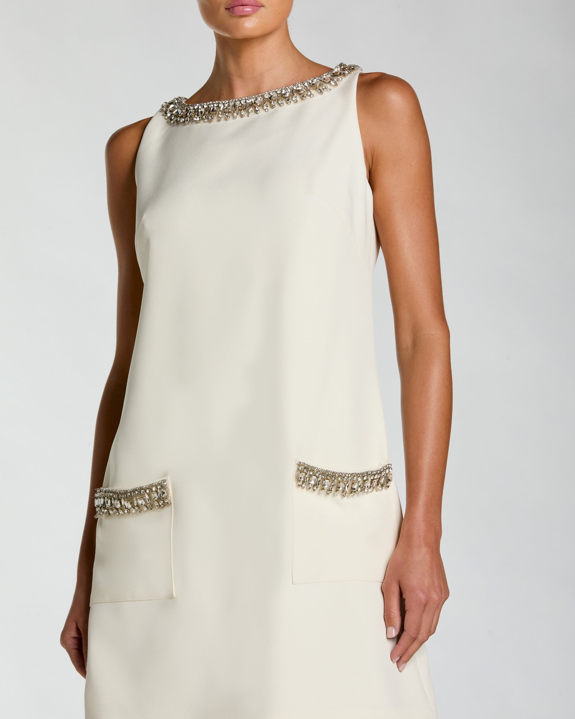 Ivory Sleeveless Shift Mini Dress with Rhinestone Trim Mac Duggal