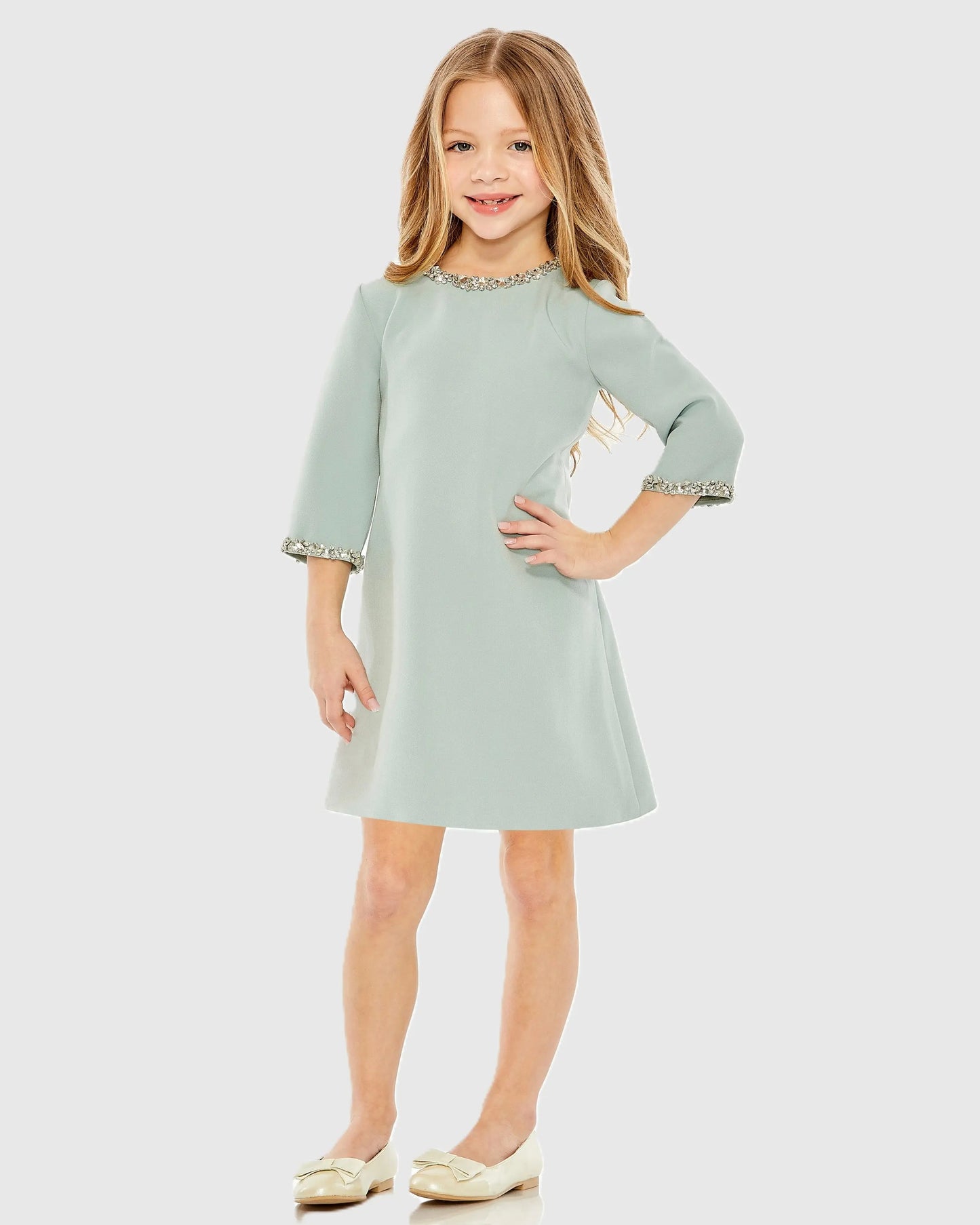 Mac Duggal - Girls Green Rhinestone Beaded A-Line Mini Dress - Seafoam / US 6 Mac Duggal - Girls Green Rhinestone Beaded A-Line Mini Dress - Seafoam / US 6