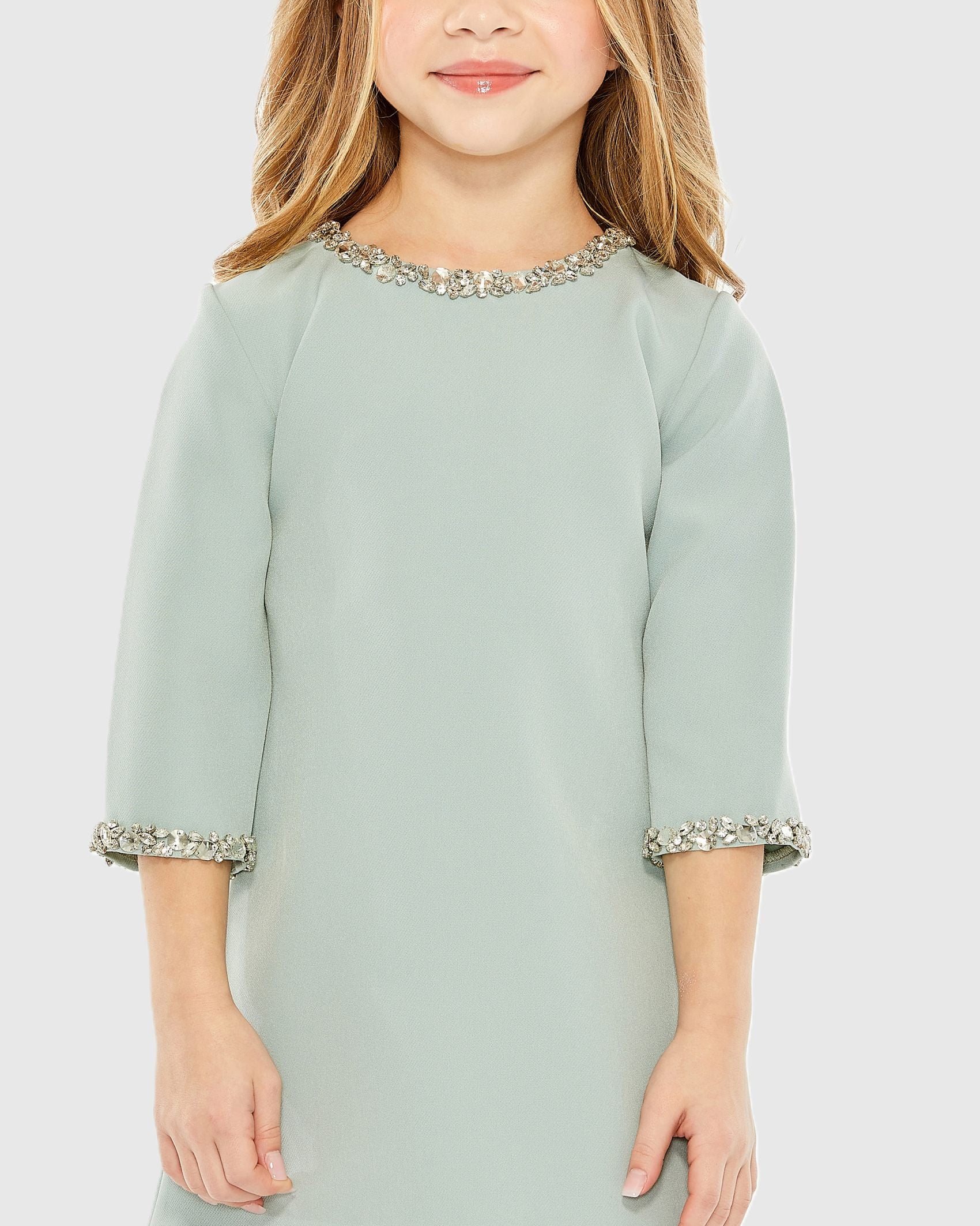 Girls Green Rhinestone Beaded A-Line Mini Dress