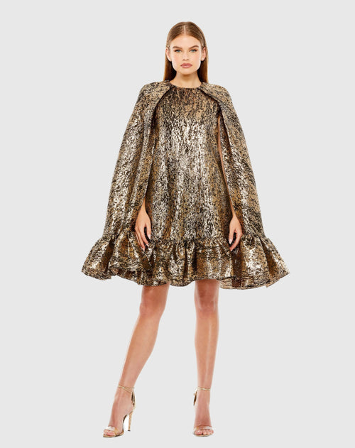 High Neck Cape Sleeve Metallic Trapeze Mini Dress