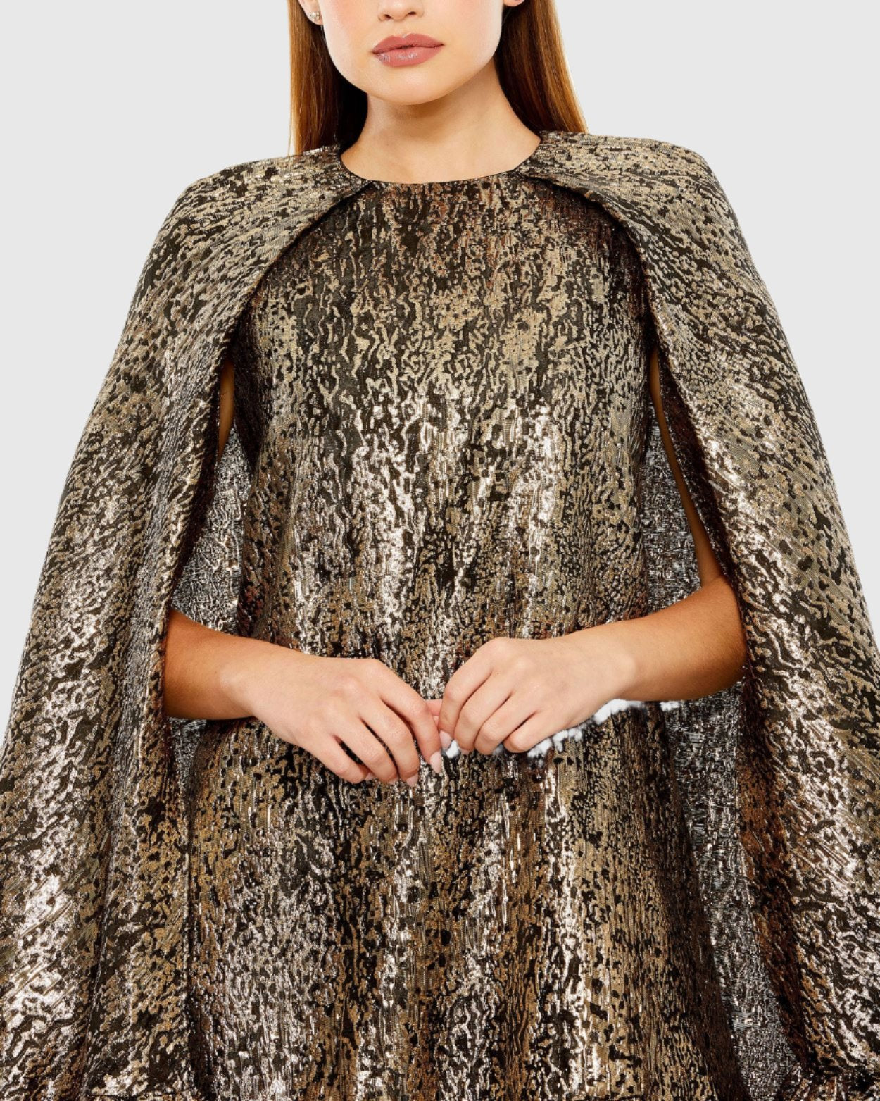 High Neck Cape Sleeve Metallic Trapeze Mini Dress