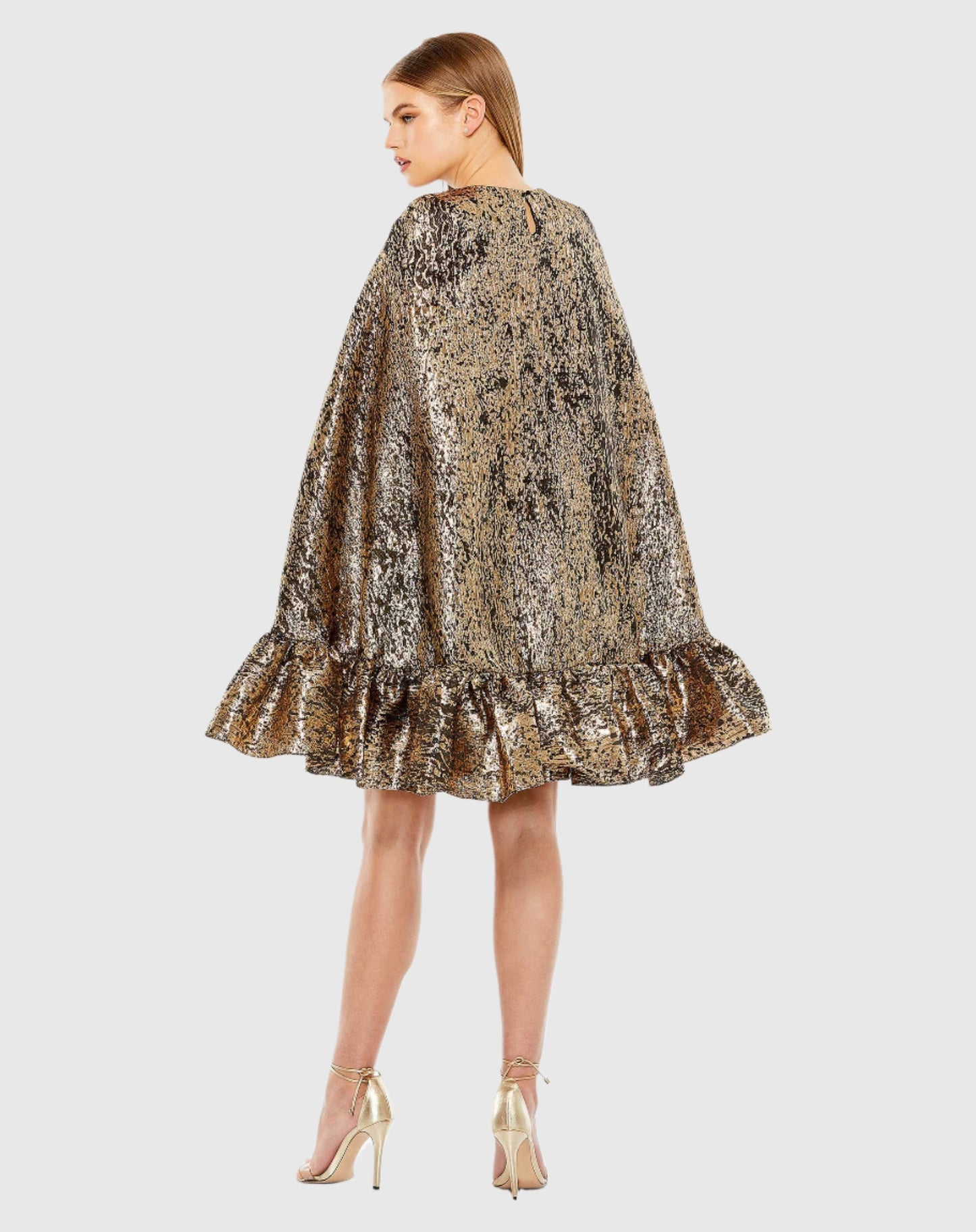 High Neck Cape Sleeve Metallic Trapeze Mini Dress