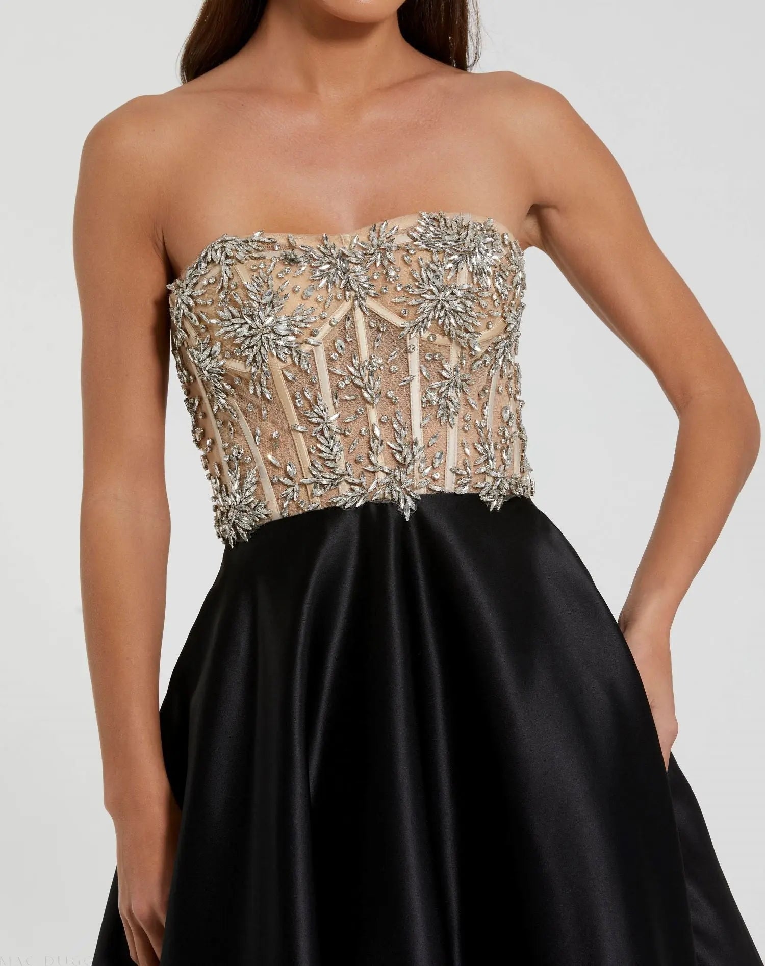 mac duggal strapless bustier spiral ruffle tulle side-slit maxi dress Black Strapless Bustier Net Gown With Spiral Ruffles