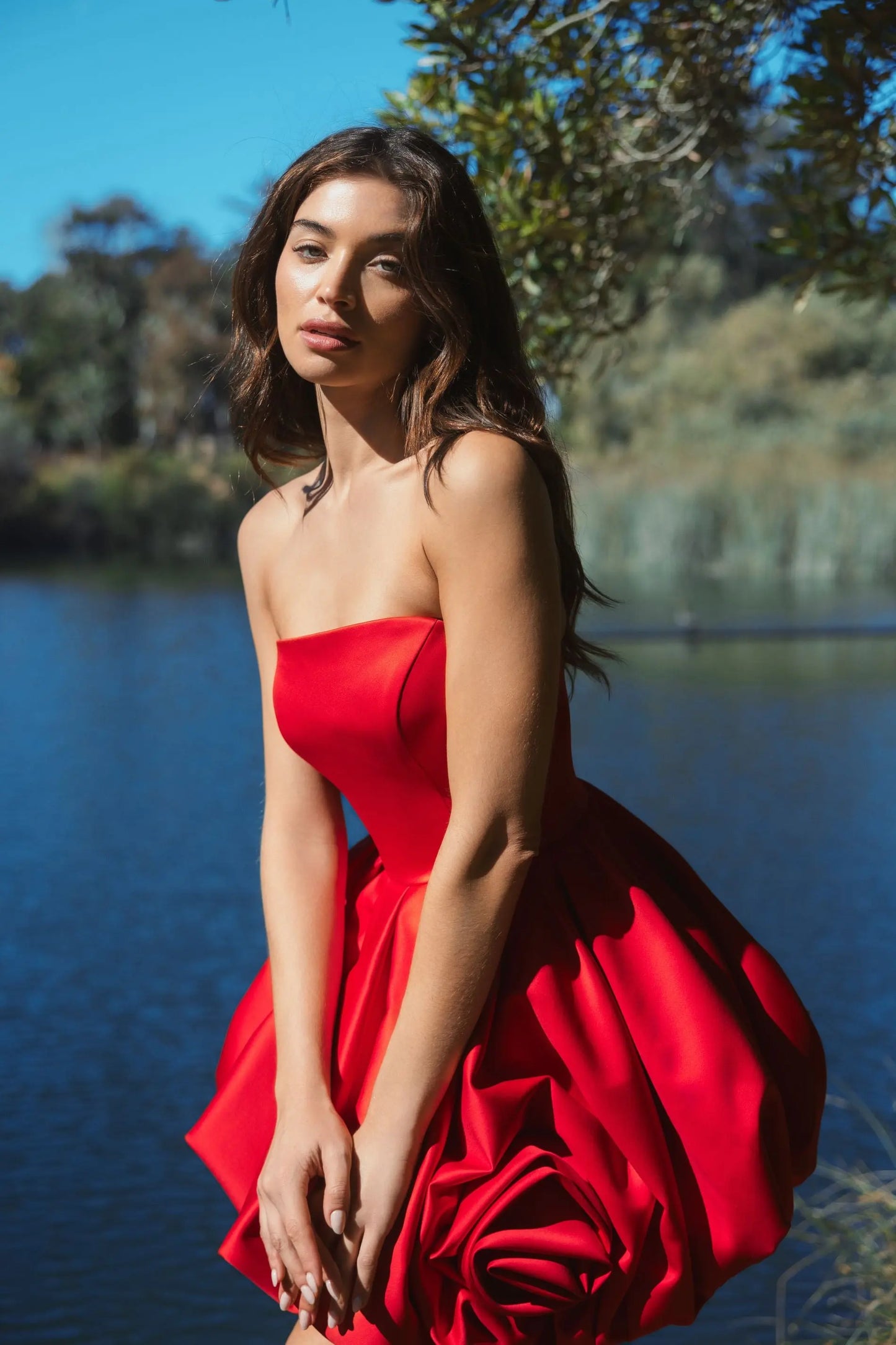 Red Strapless Mini Dress With 3D Rosette