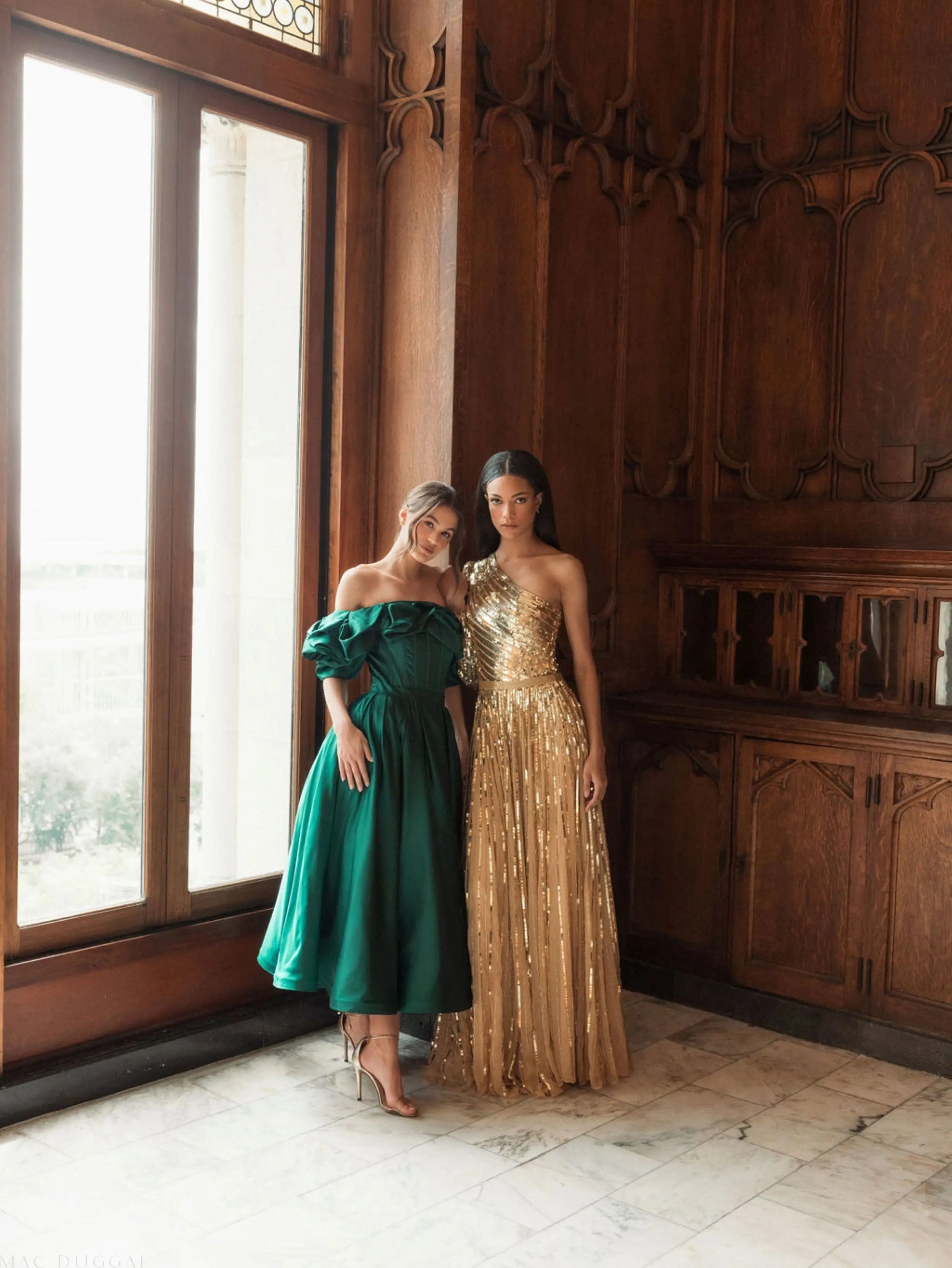 Green Off The Shoulder Tea Length Dress - Mac Duggal