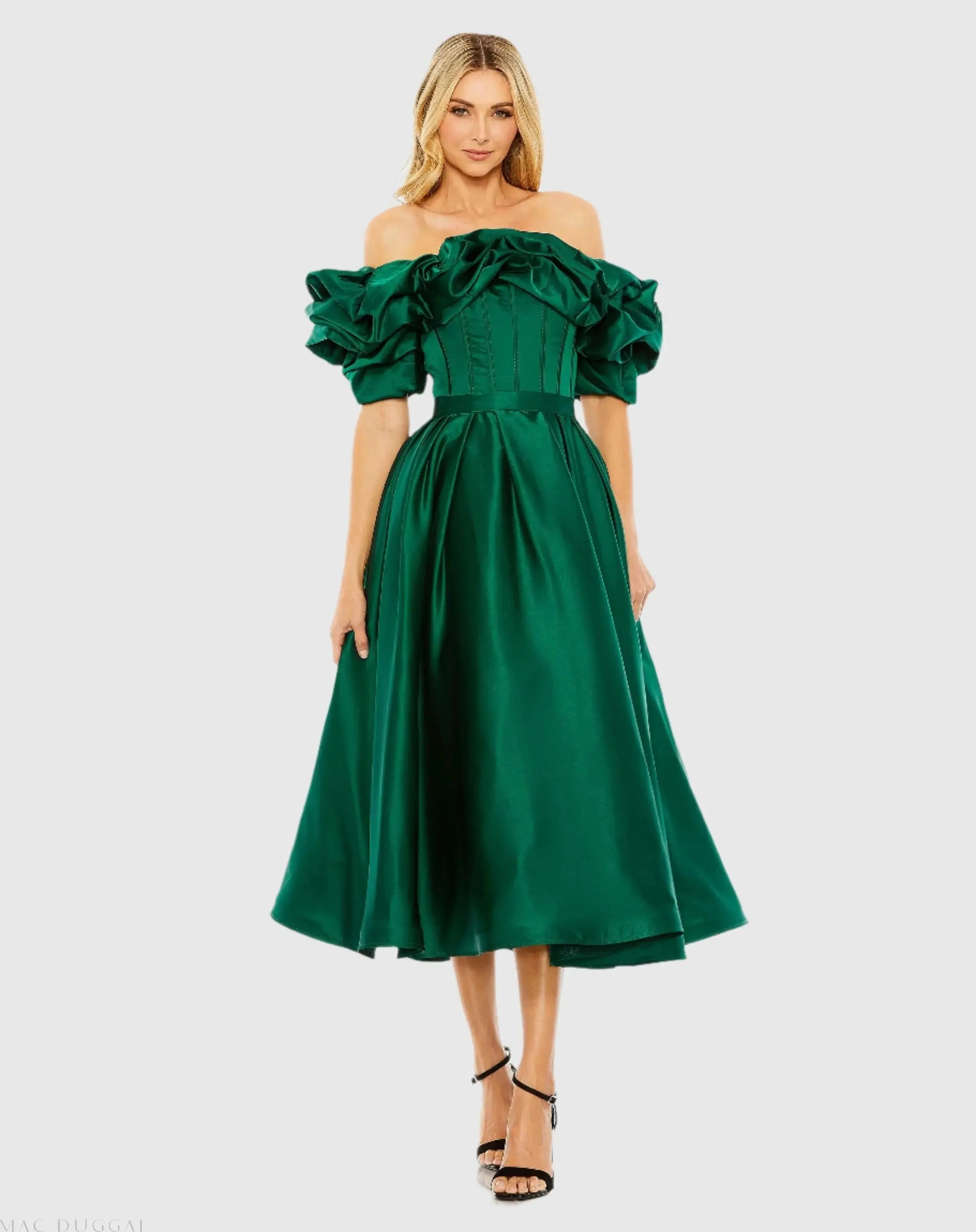 Green Off The Shoulder Tea Length Dress - Mac Duggal