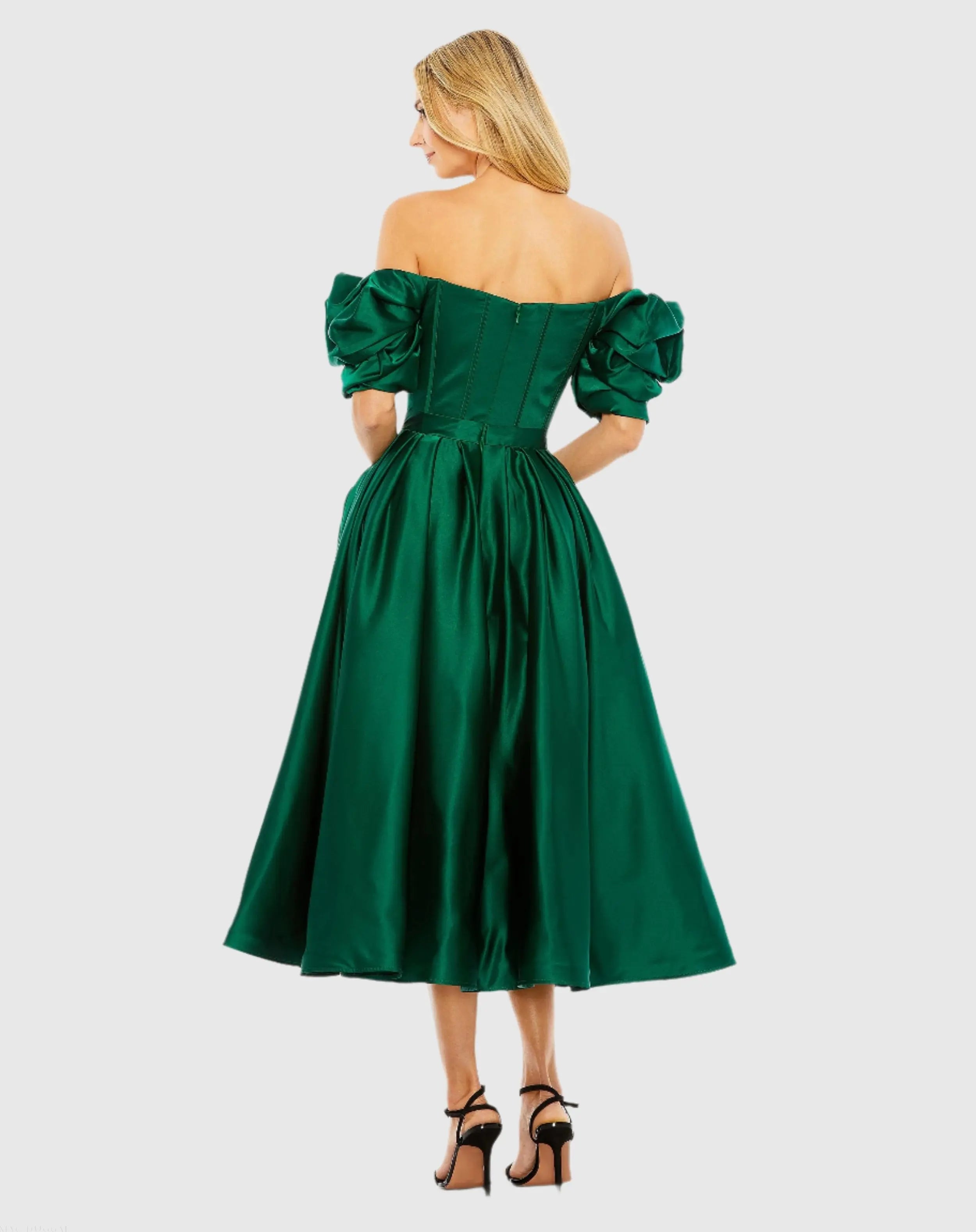 Mac Duggal - Green Off The Shoulder Tea Length Dress - US 8 Mac Duggal - Green Off The Shoulder Tea Length Dress - US 8