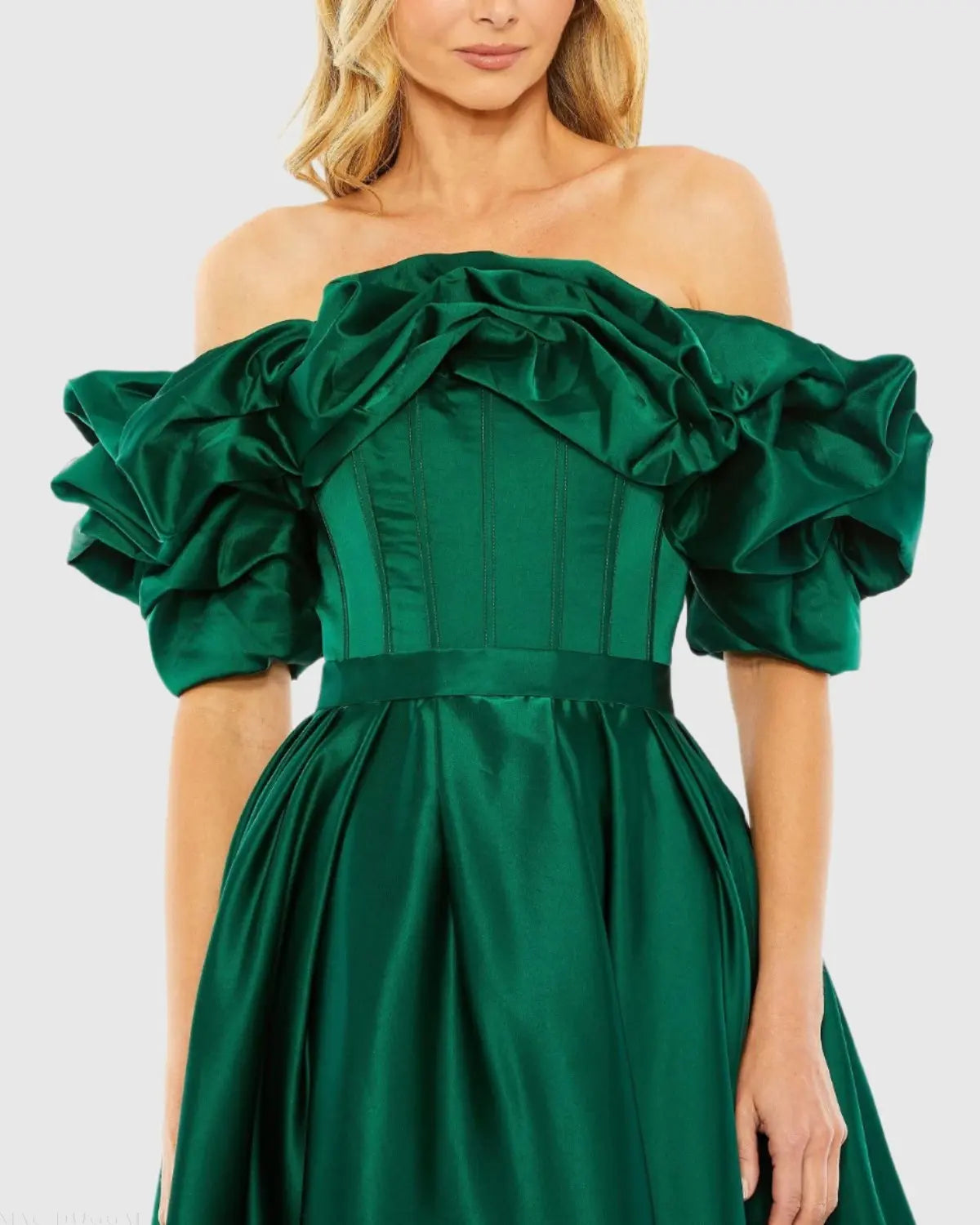 Green Off The Shoulder Tea Length Dress - Mac Duggal