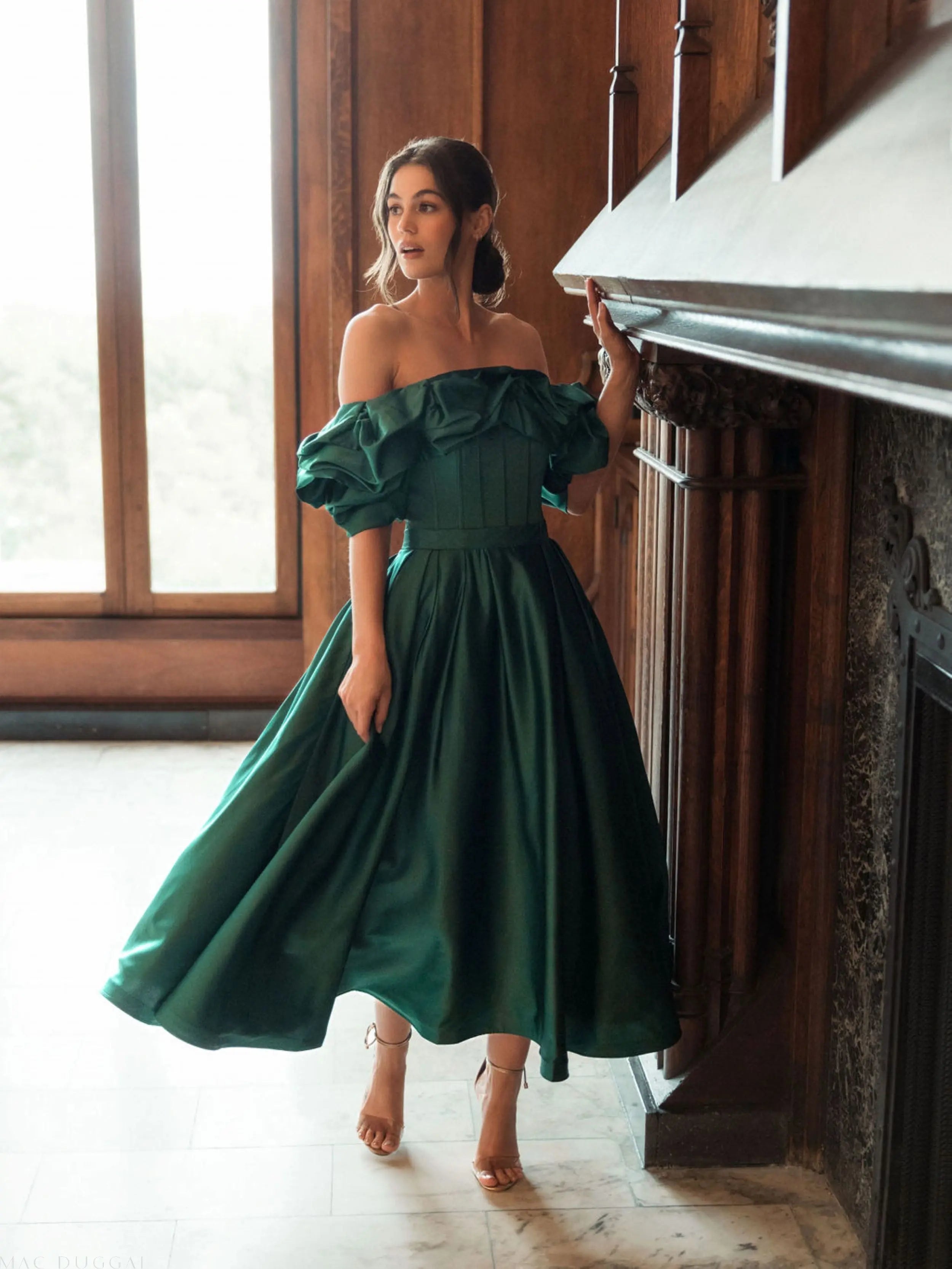 Green Off The Shoulder Tea Length Dress - Mac Duggal