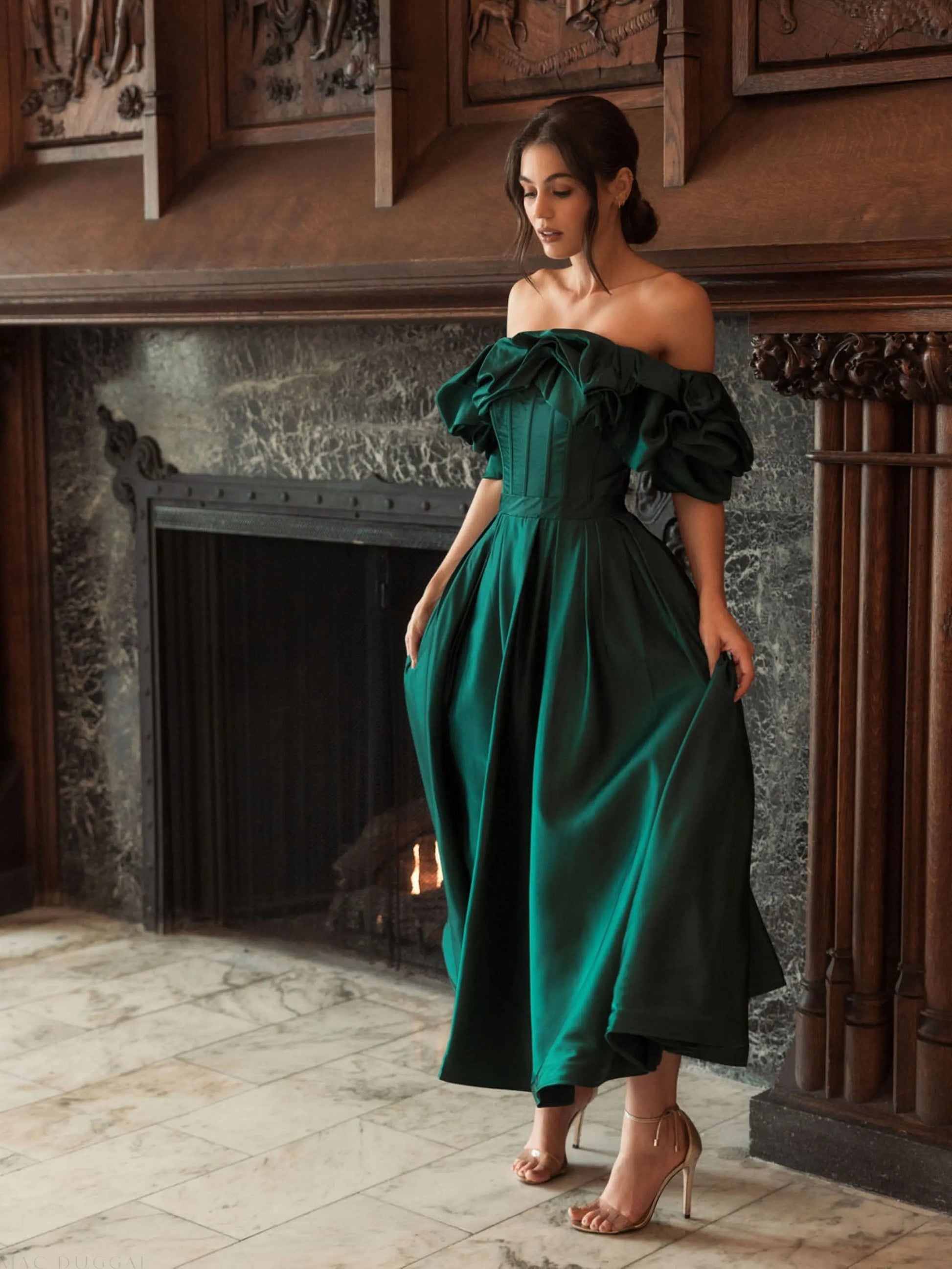Off The Shoulder Tea Length Dress Mac Duggal Off The Shoulder Tea Length Dress Mac Duggal