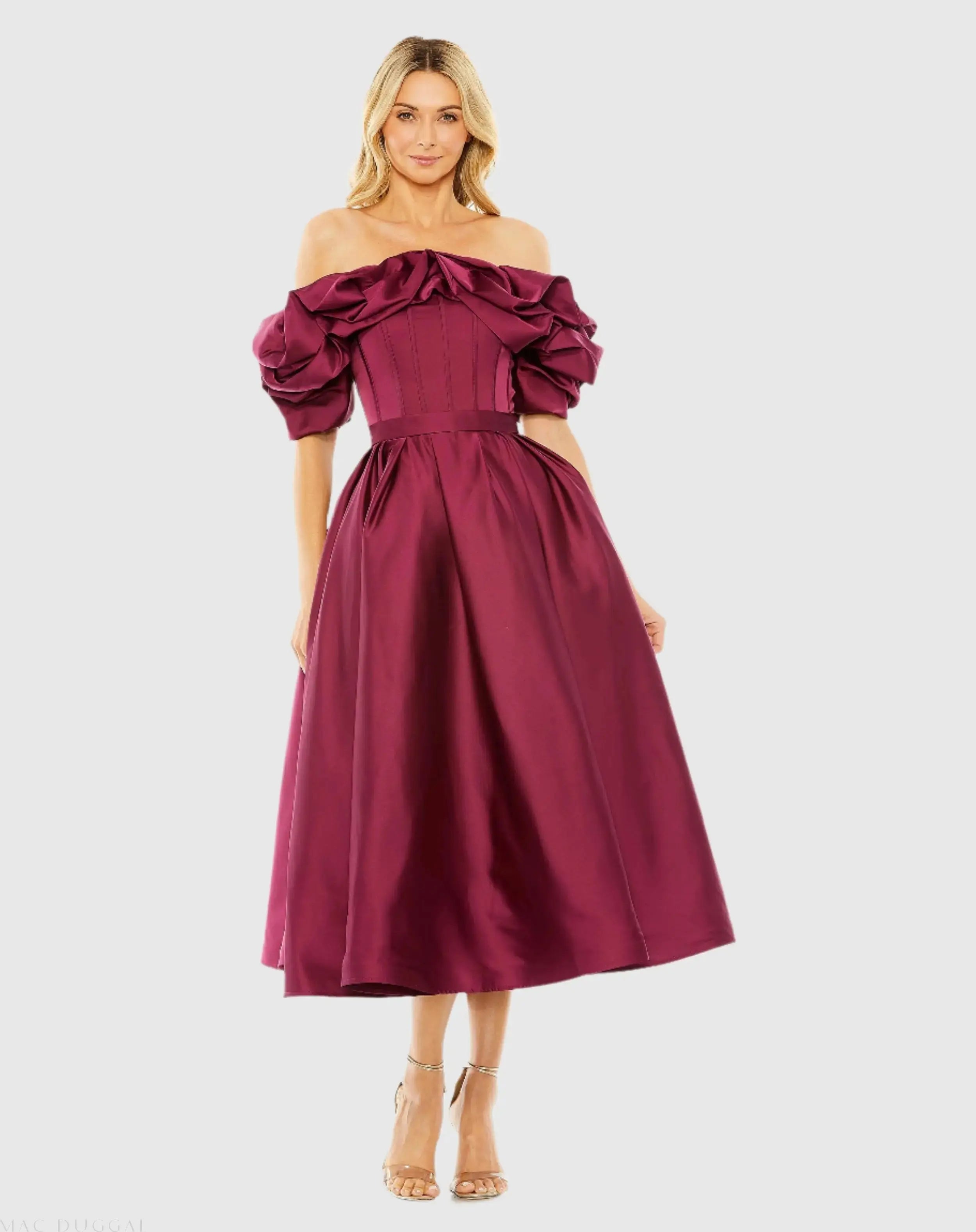Plum Off The Shoulder Tea Length Dress - Mac Duggal