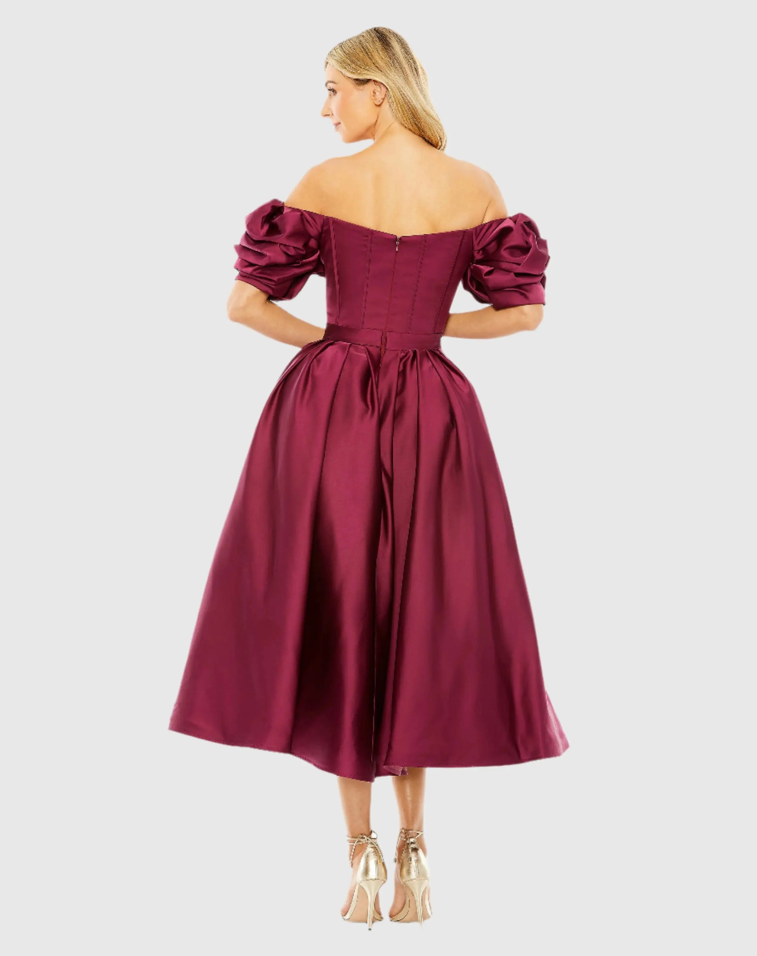 Plum Off The Shoulder Tea Length Dress - Mac Duggal