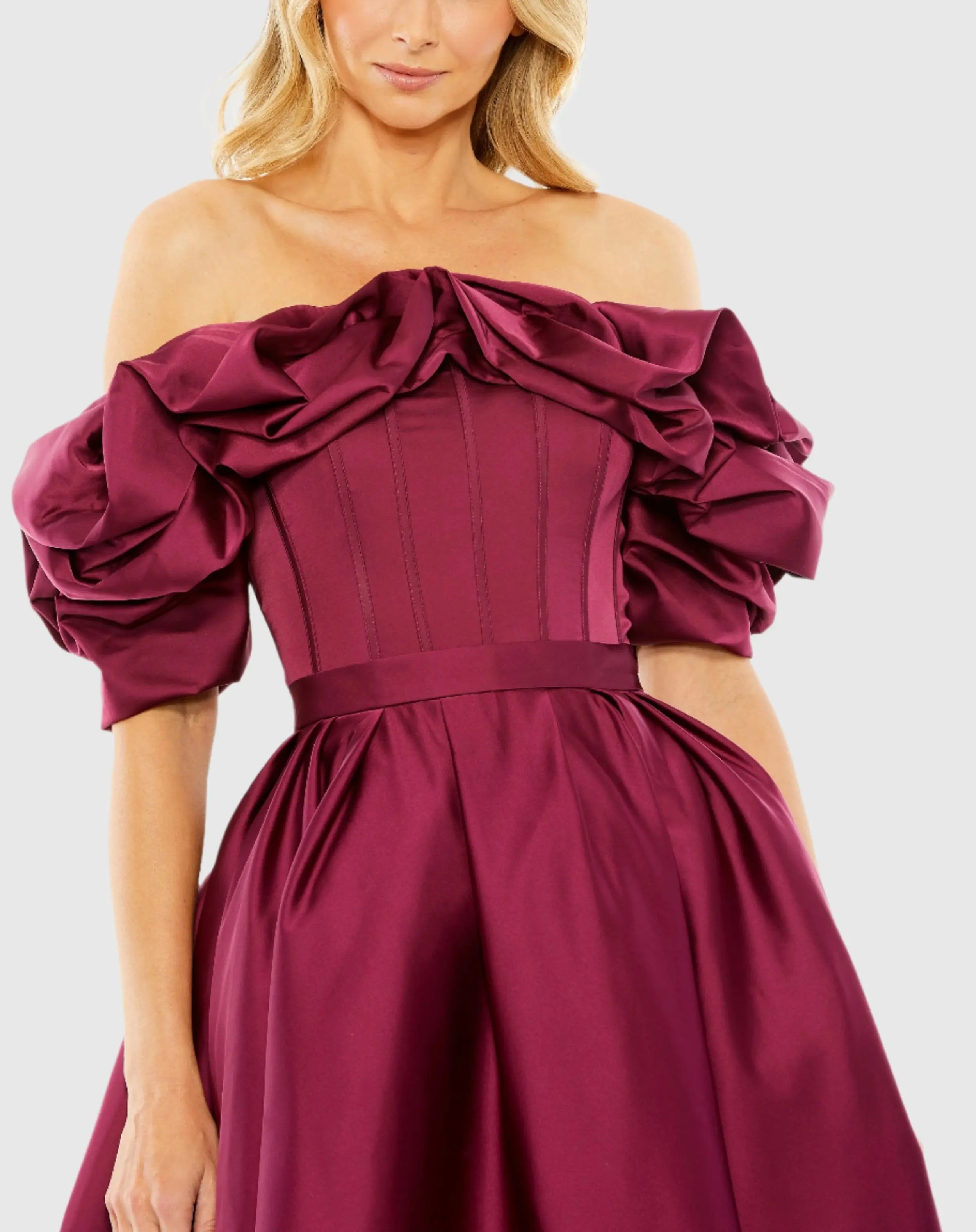 Plum Off The Shoulder Tea Length Dress - Mac Duggal