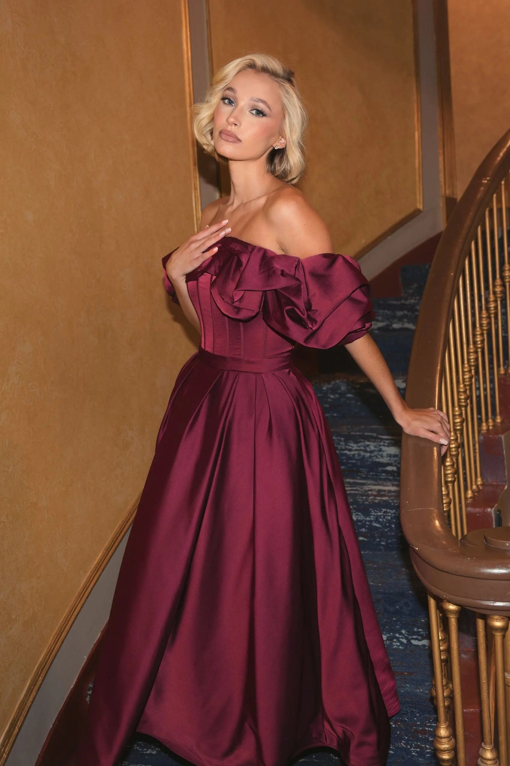 Plum Off The Shoulder Tea Length Dress - Mac Duggal