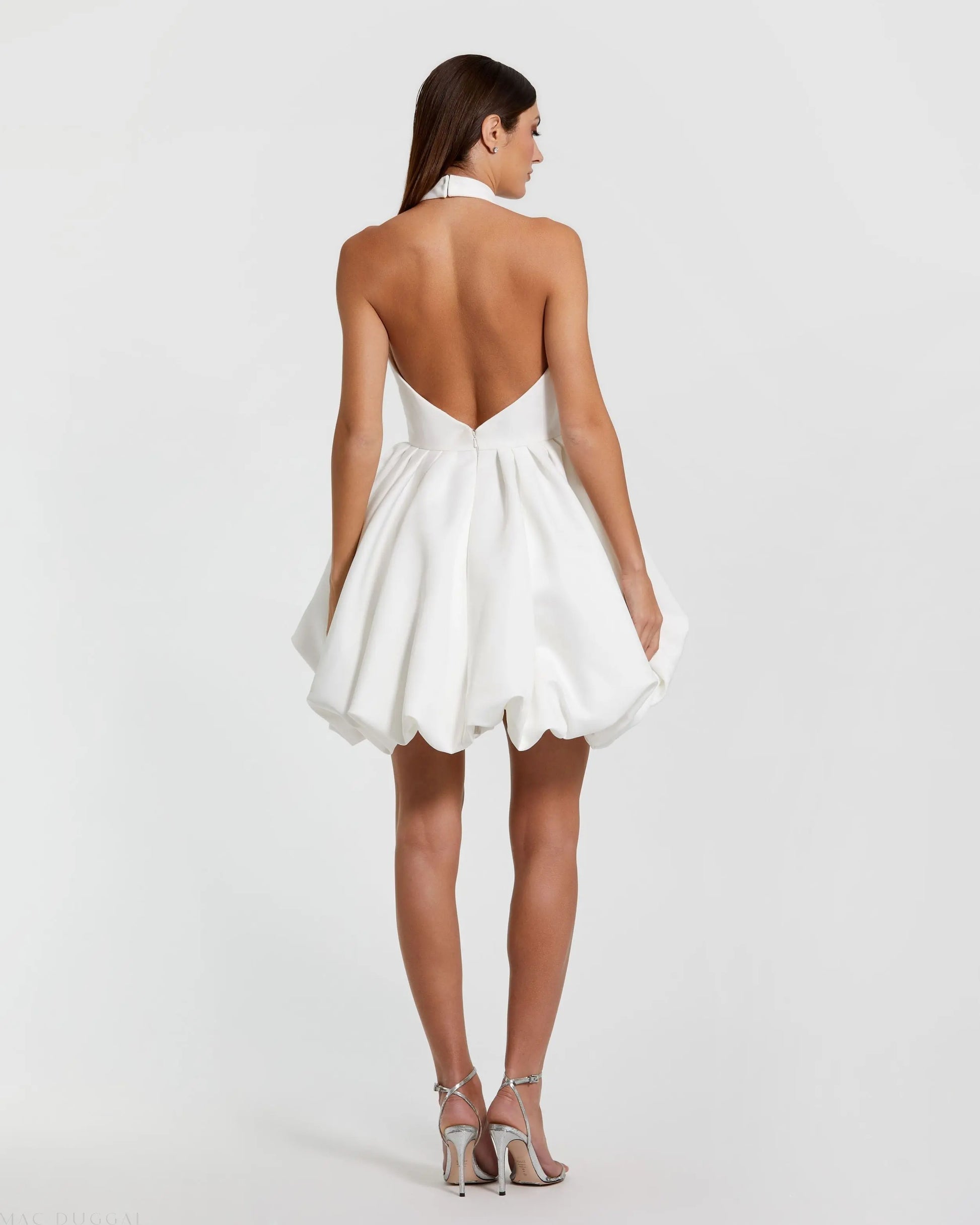 White Satin Bubble Hem Backless Mini Dress | Mac Duggal White Satin Bubble Hem Backless Mini Dress | Mac Duggal