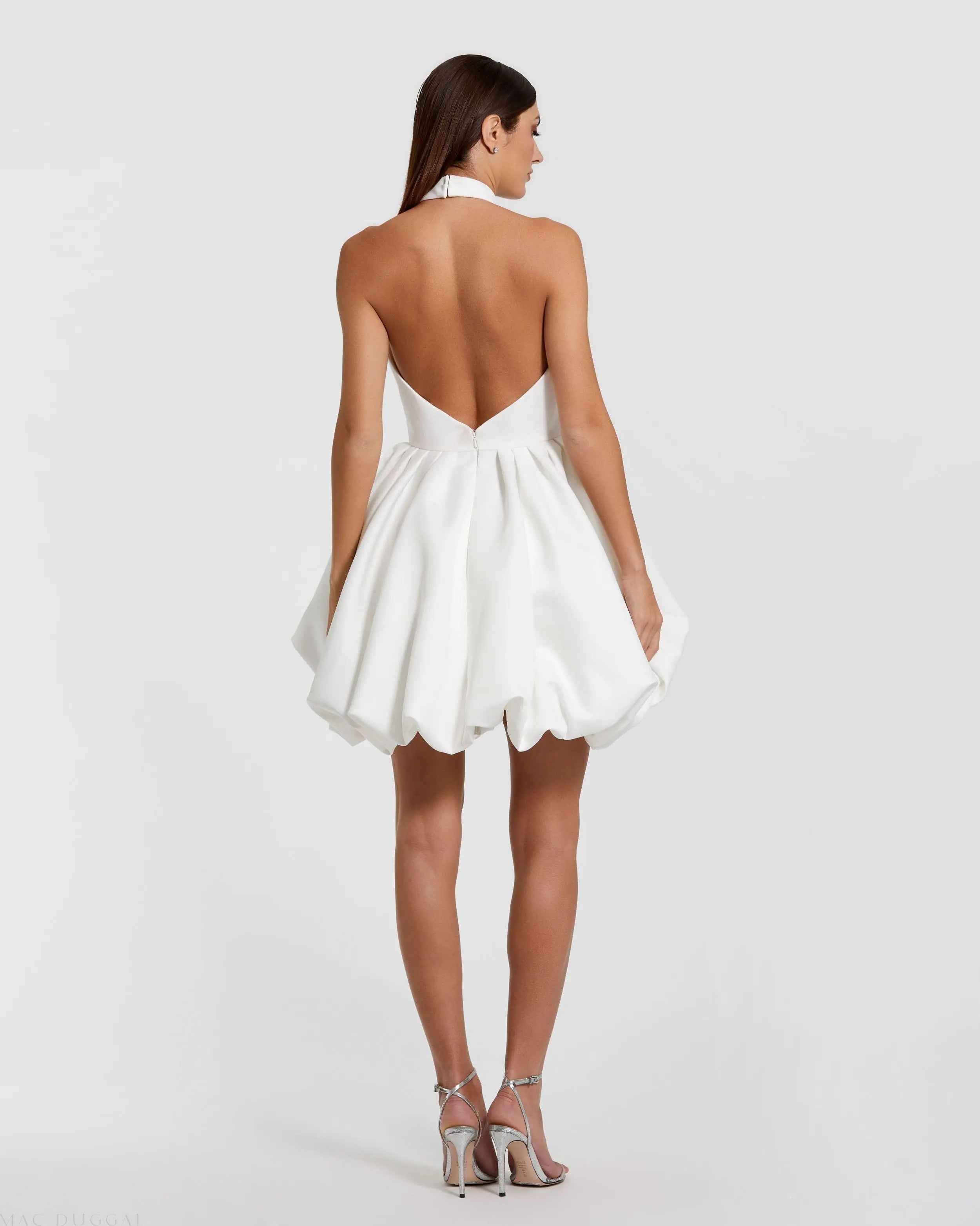 White Satin High Neck Sleeveless Bubble Hem Mini Dress Ieena for Mac Duggal