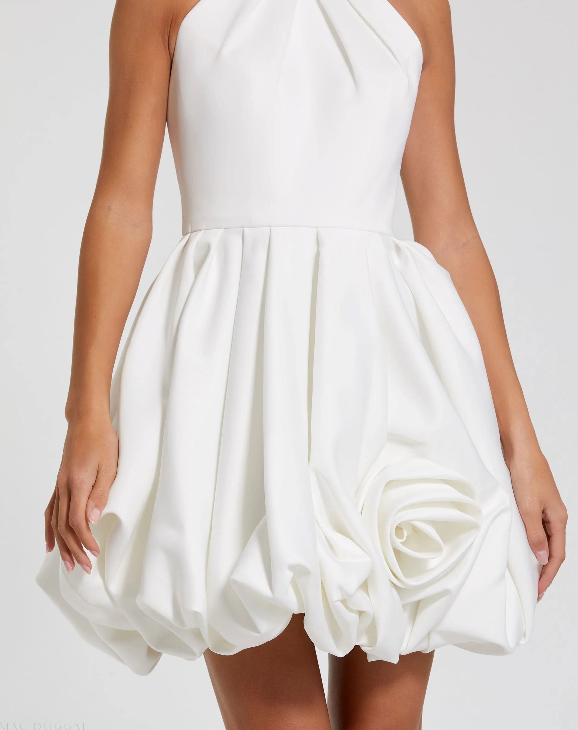 White Satin Bubble Hem Backless Mini Dress | Mac Duggal White Satin Bubble Hem Backless Mini Dress | Mac Duggal
