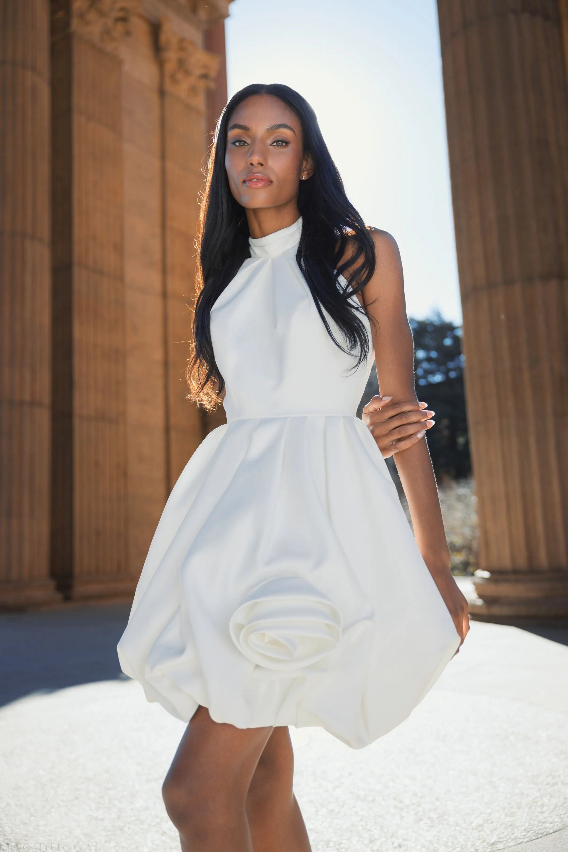 White Satin Bubble Hem Backless Mini Dress | Mac Duggal White Satin Bubble Hem Backless Mini Dress | Mac Duggal