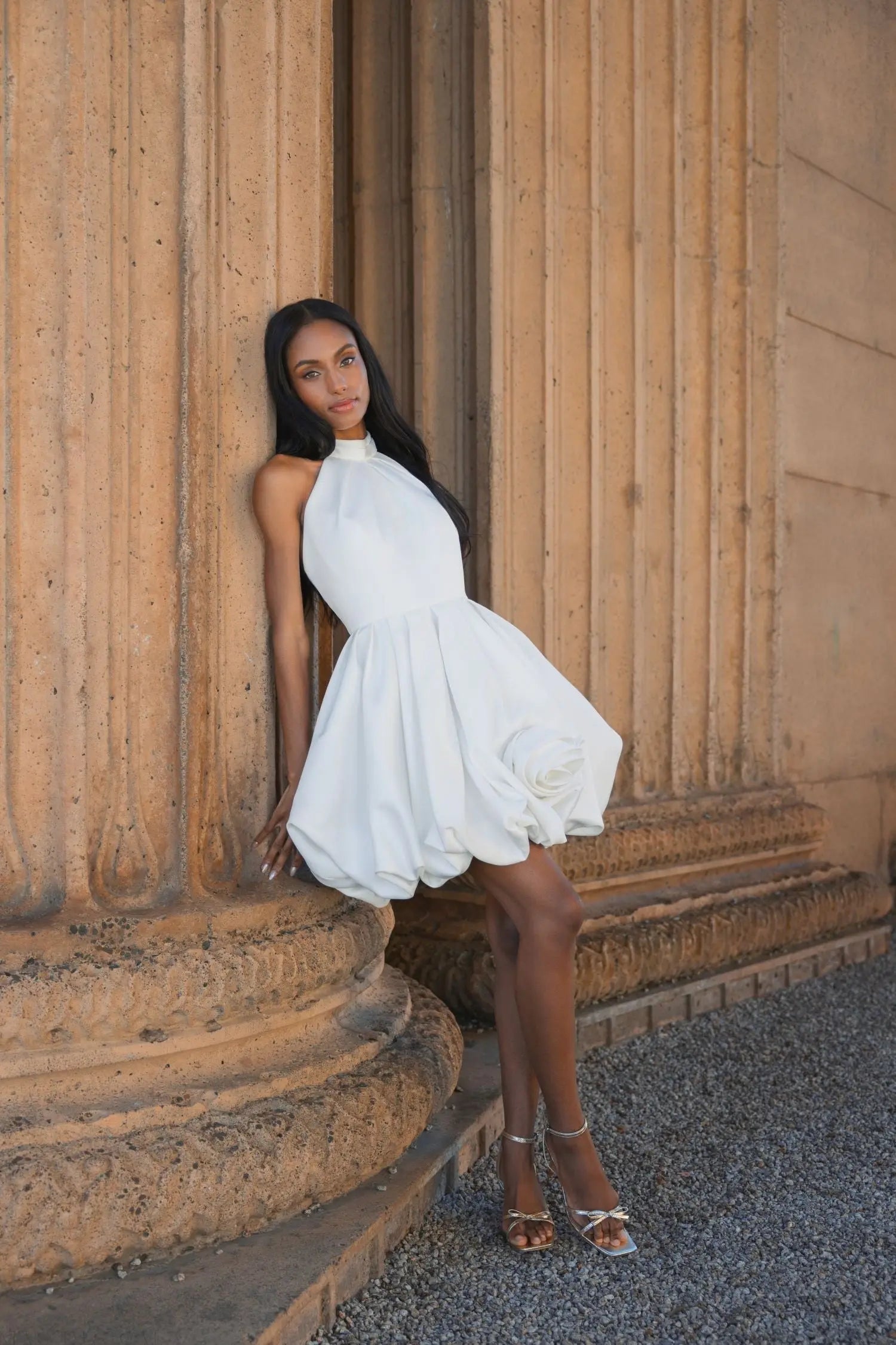 White Satin Bubble Hem Backless Mini Dress | Mac Duggal White Satin Bubble Hem Backless Mini Dress | Mac Duggal