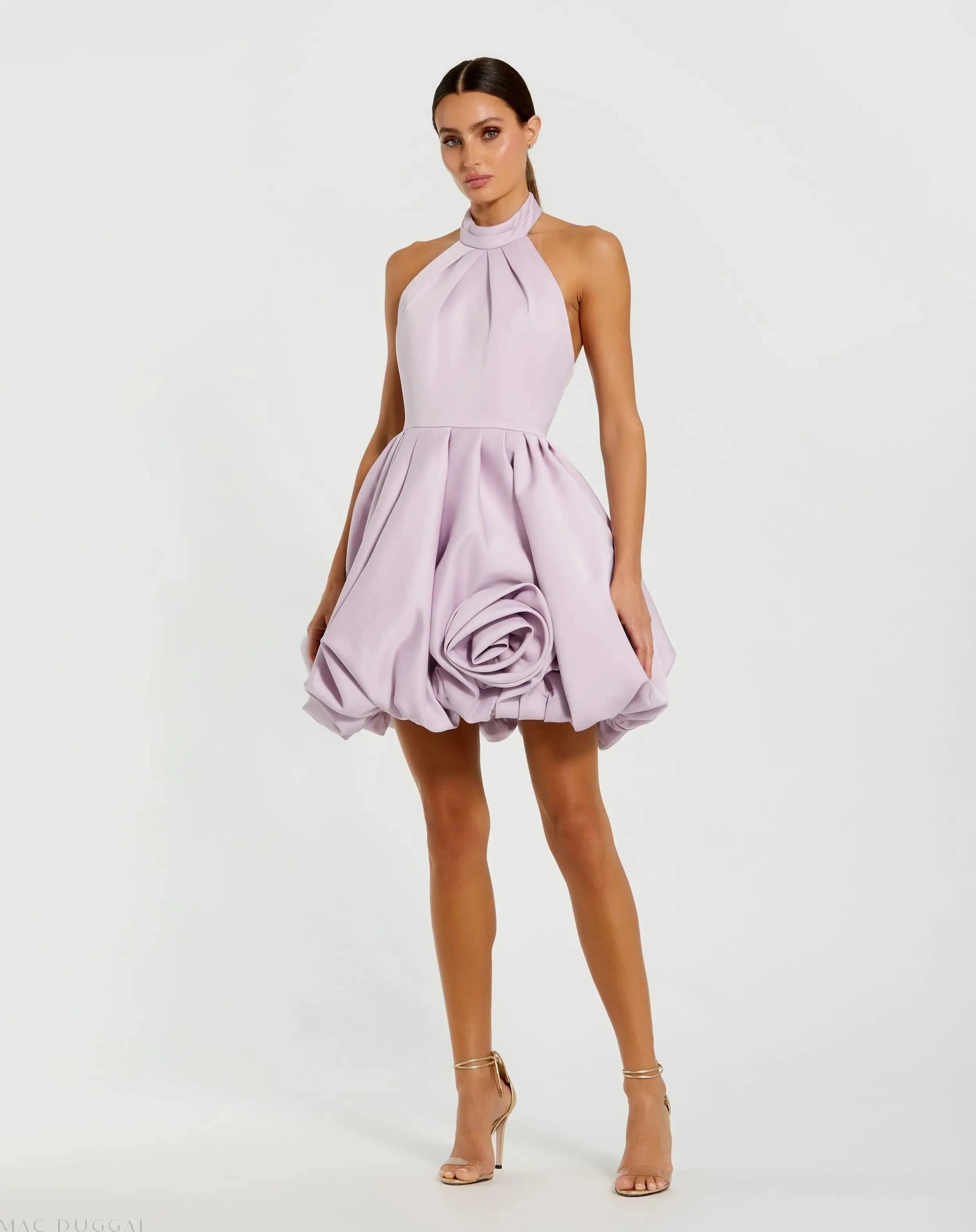 Purple Satin High Neck Sleeveless Bubble Hem Mini Dress - Ieena for Mac Duggal