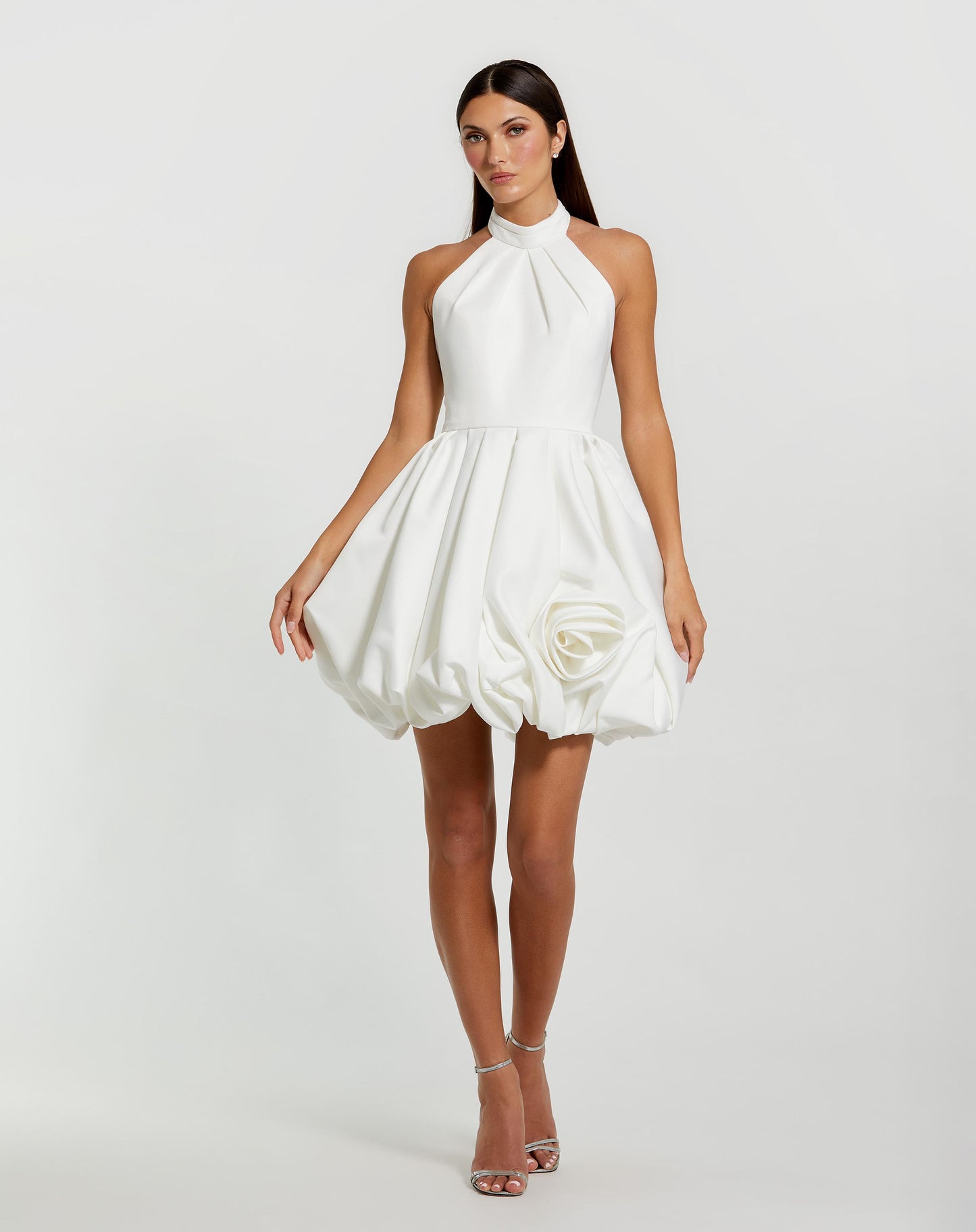 White Satin High Neck Sleeveless Bubble Hem Mini Dress