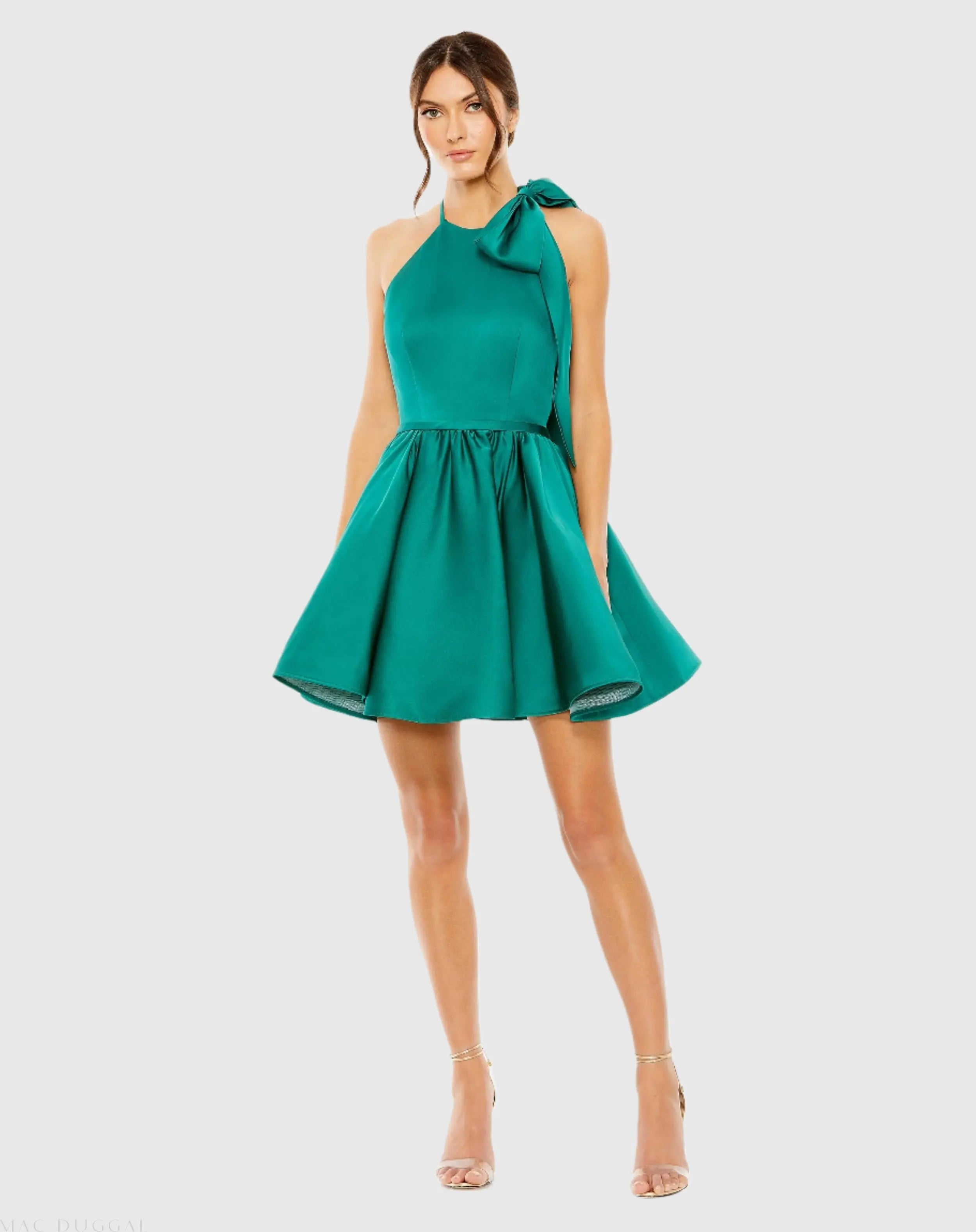 Green High Neck Bow Detail Mini Dress - Mac Duggal