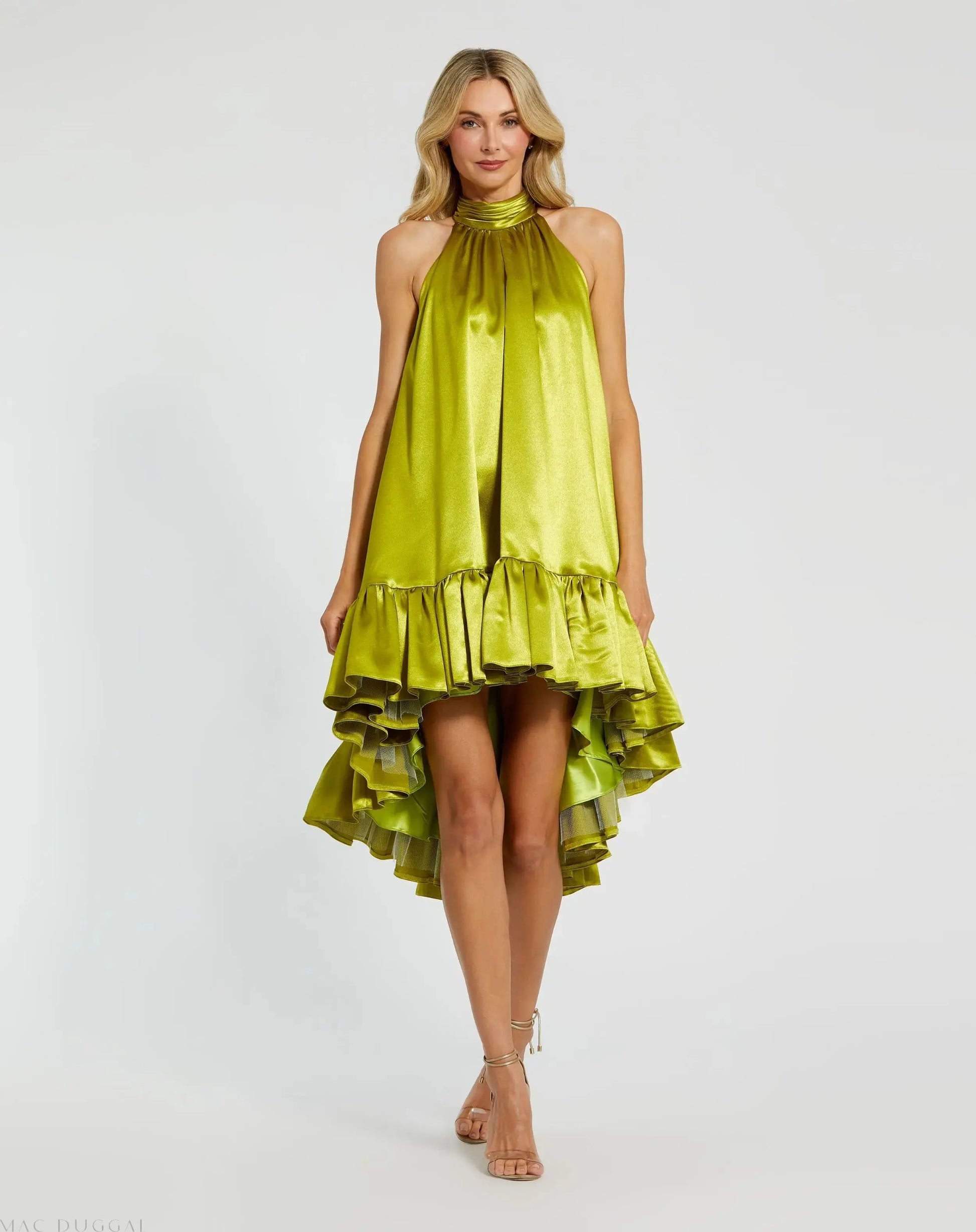 Green High Neck Satin Mini Dress With Keyhole | Mac Duggal Green High Neck Satin Mini Dress With Keyhole | Mac Duggal