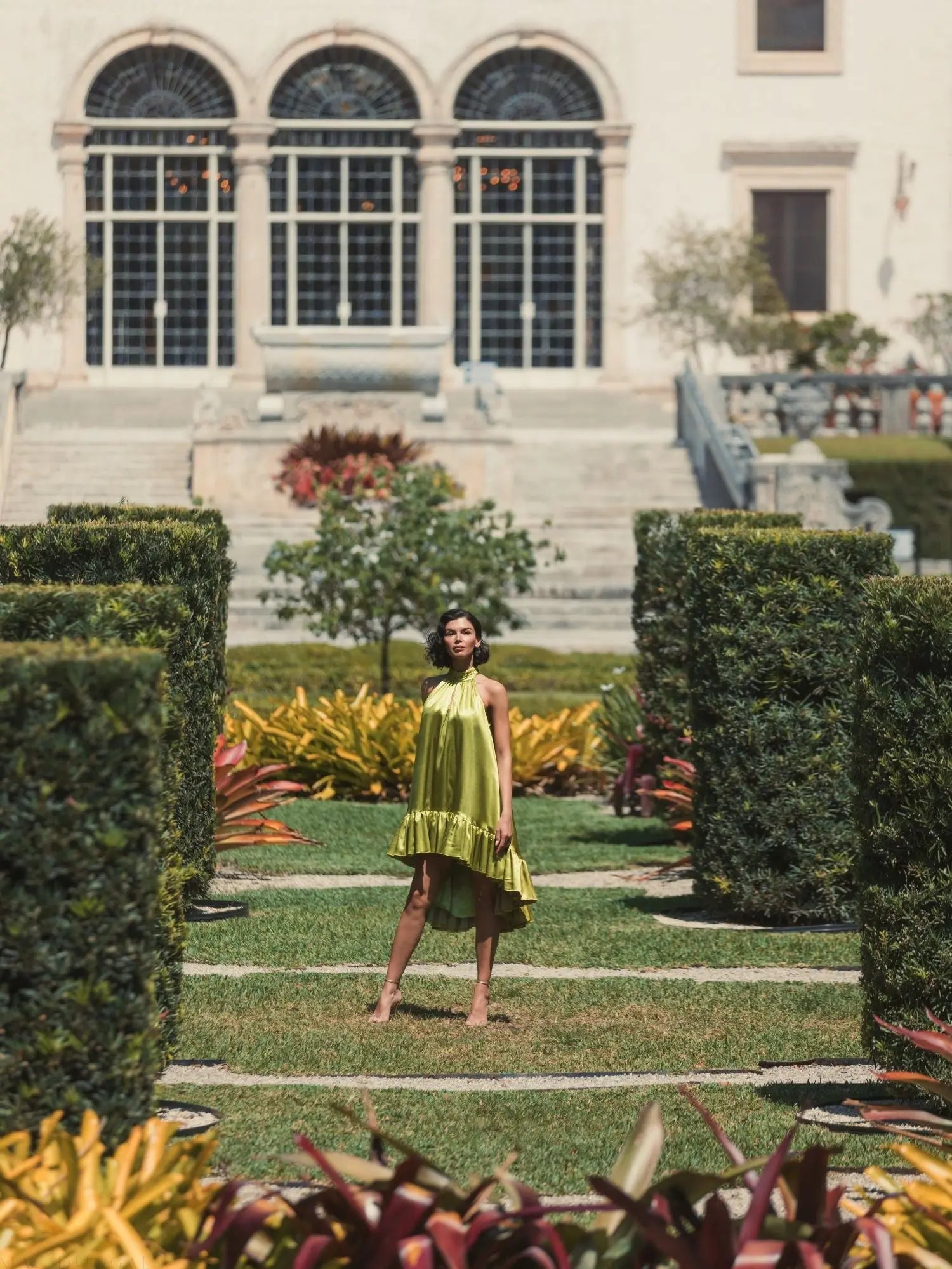 Green High Neck Satin Mini Dress With Keyhole - Mac Duggal