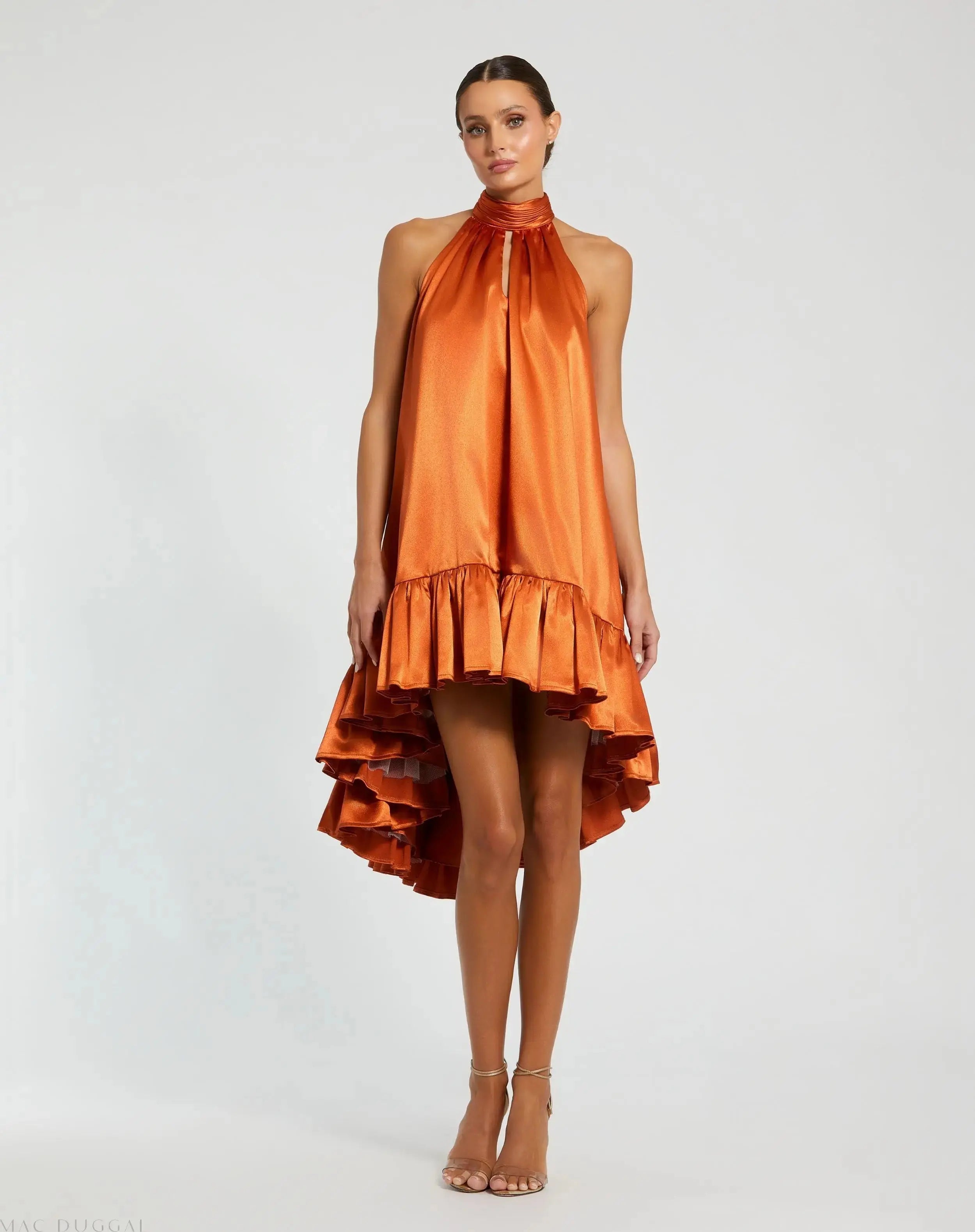 Orange High Neck Satin Mini Dress With Keyhole - Mac Duggal Orange High Neck Satin Mini Dress With Keyhole - Mac Duggal