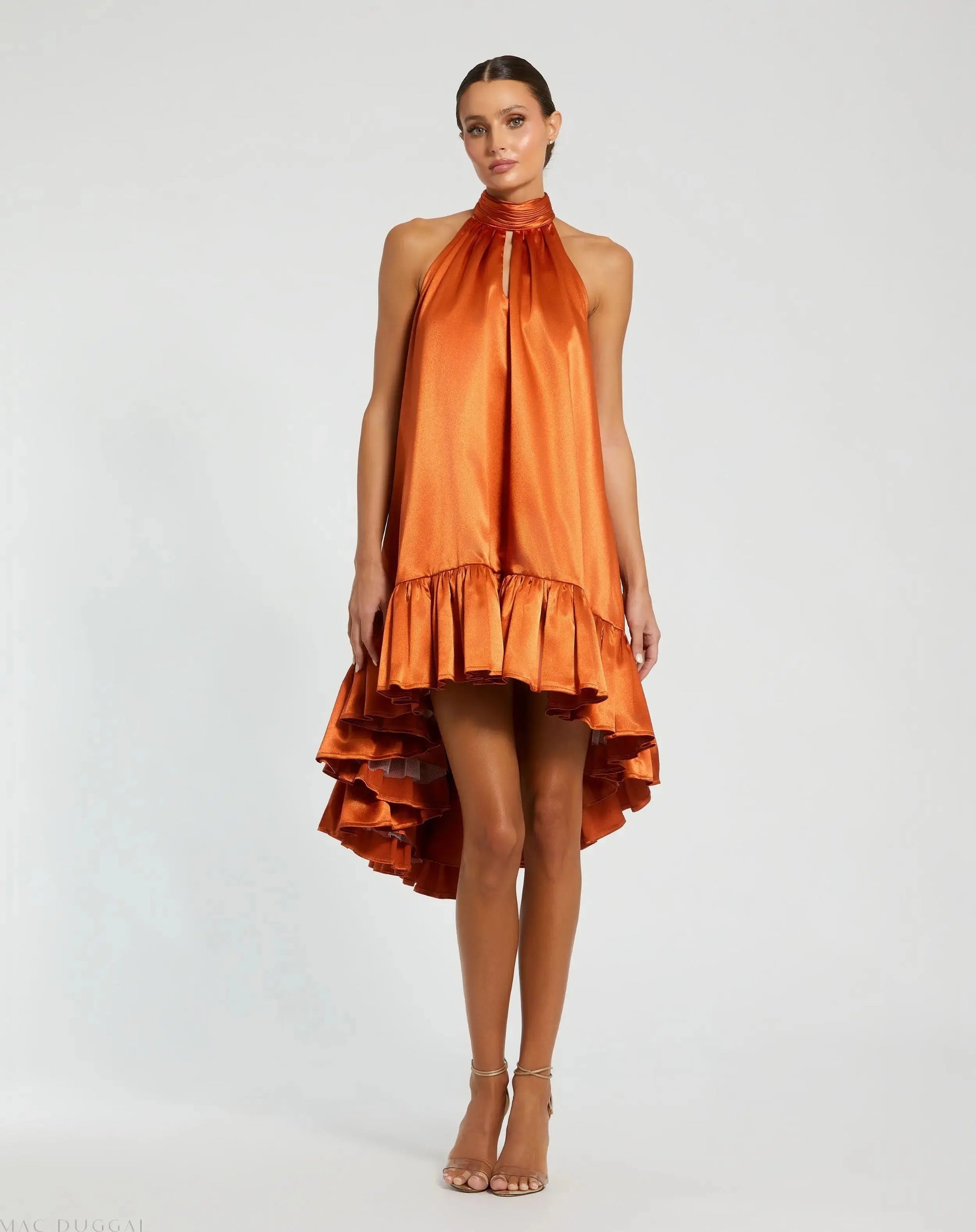 Orange High Neck Satin Mini Dress With Keyhole - Mac Duggal Orange High Neck Satin Mini Dress With Keyhole - Mac Duggal