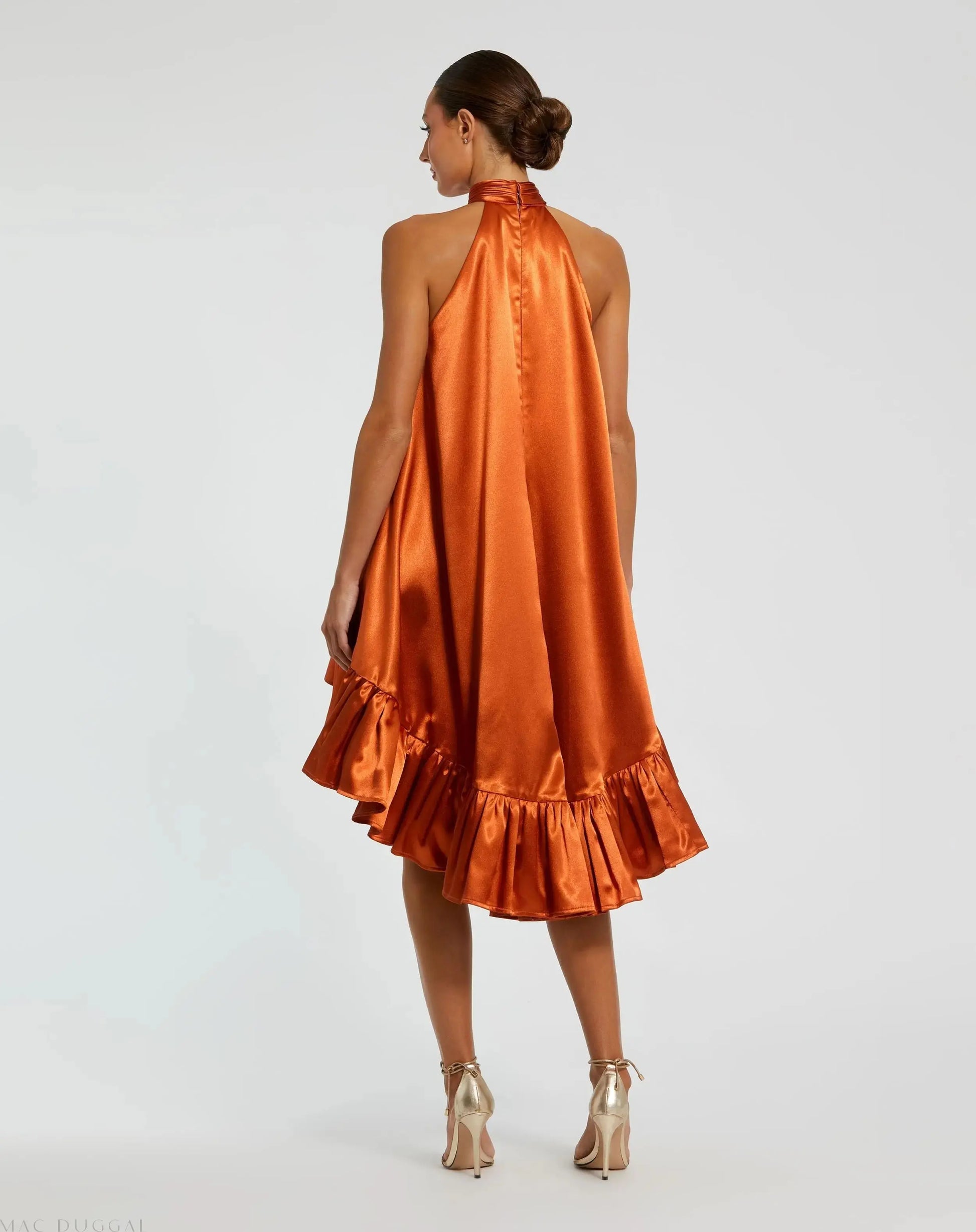 Orange High Neck Satin Mini Dress With Keyhole Orange High Neck Satin Mini Dress With Keyhole