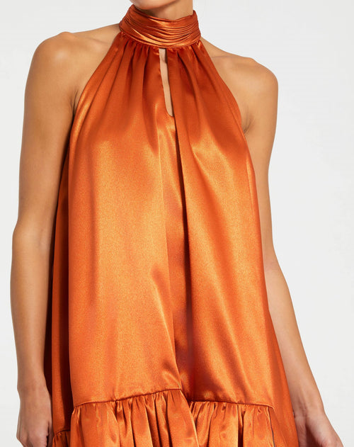 Orange High Neck Satin Mini Dress With Keyhole