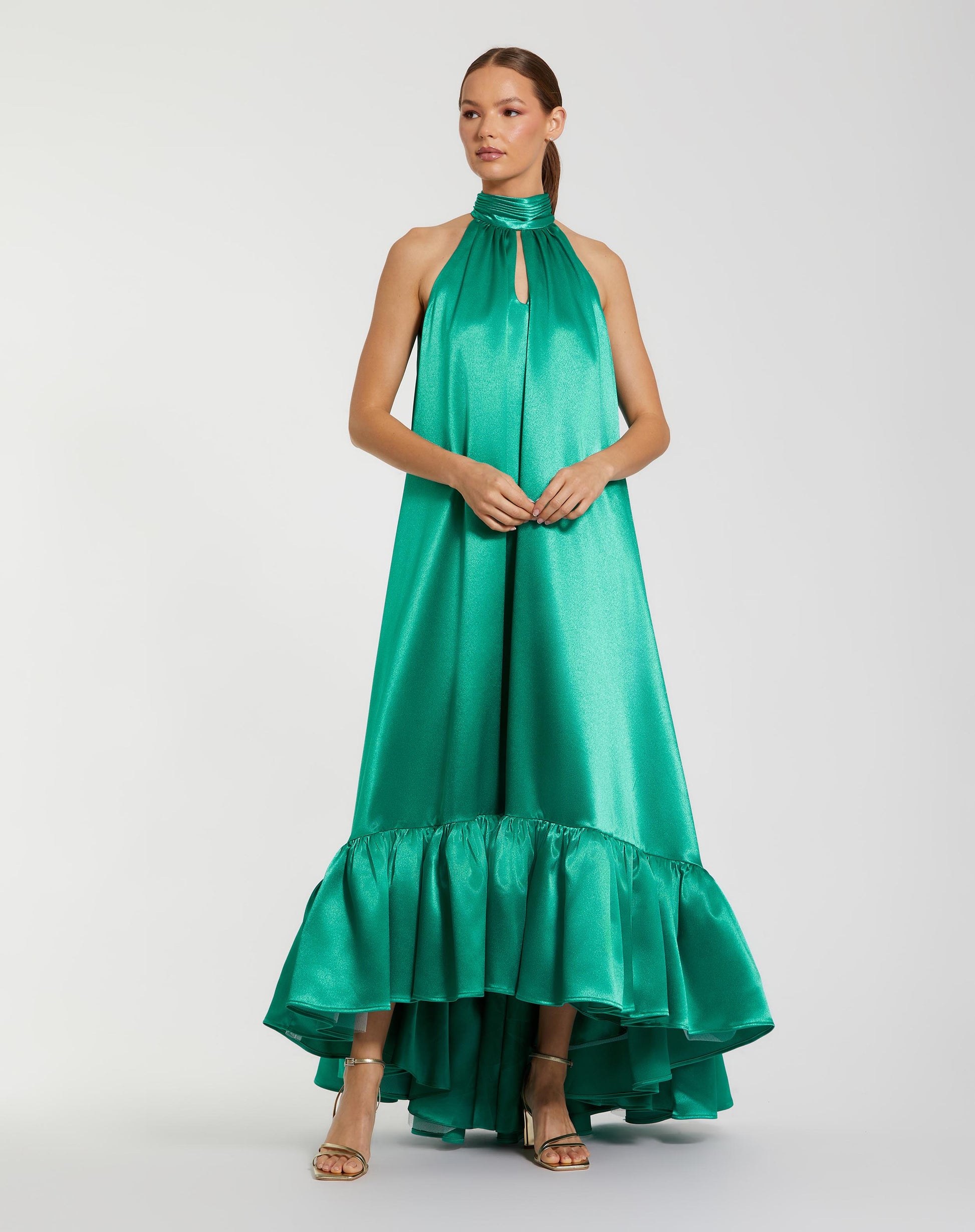 Green Sleeveless Halter Neck Keyhole Satin High Low Gown - Ieena for Mac Duggal