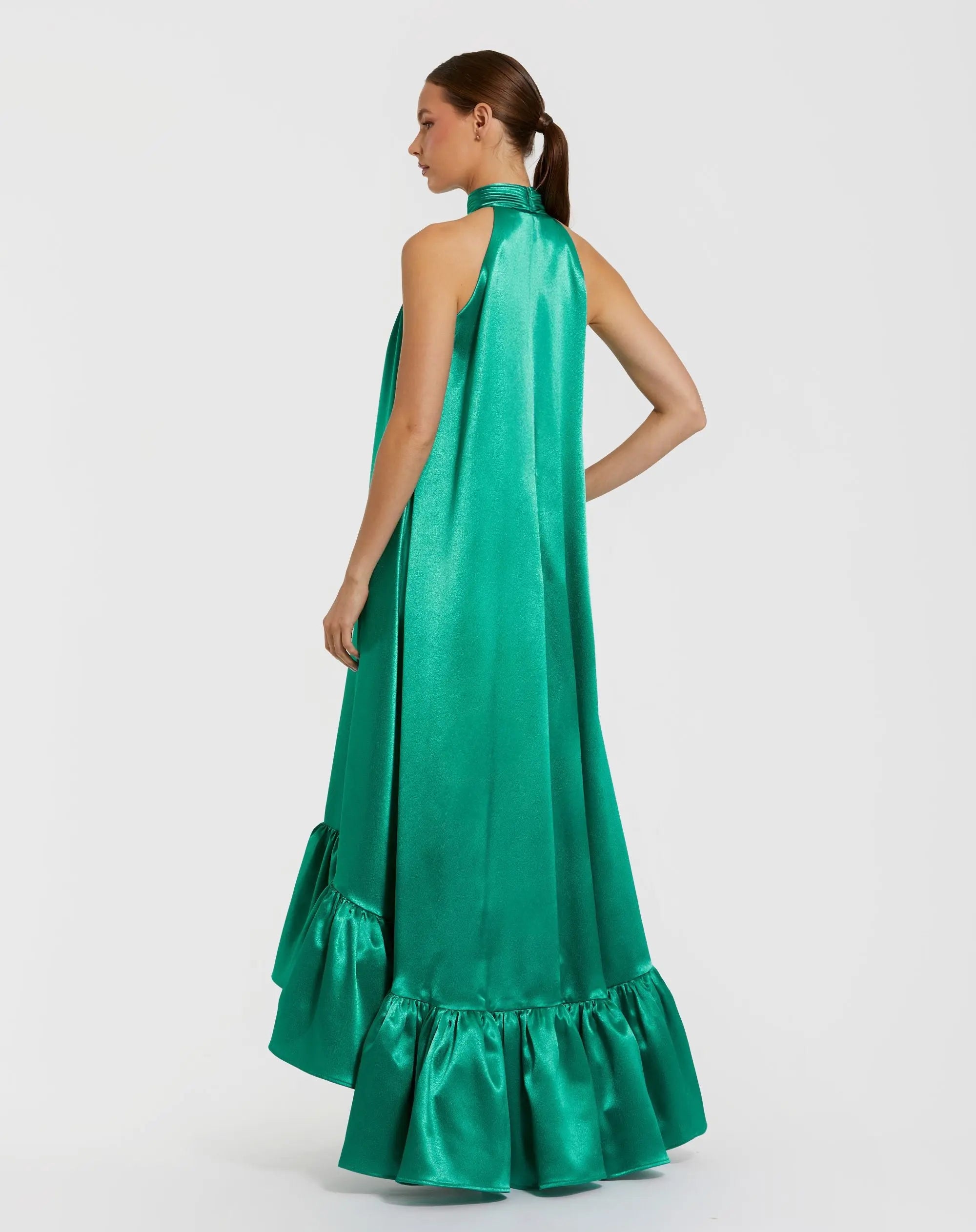 Green Sleeveless Halter Neck Keyhole Satin High Low Gown - Ieena for Mac Duggal