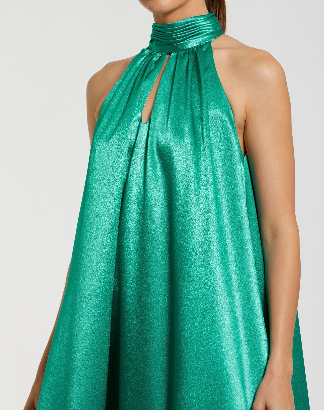 Green Sleeveless Halter Neck Keyhole Satin High Low Gown - Ieena for Mac Duggal