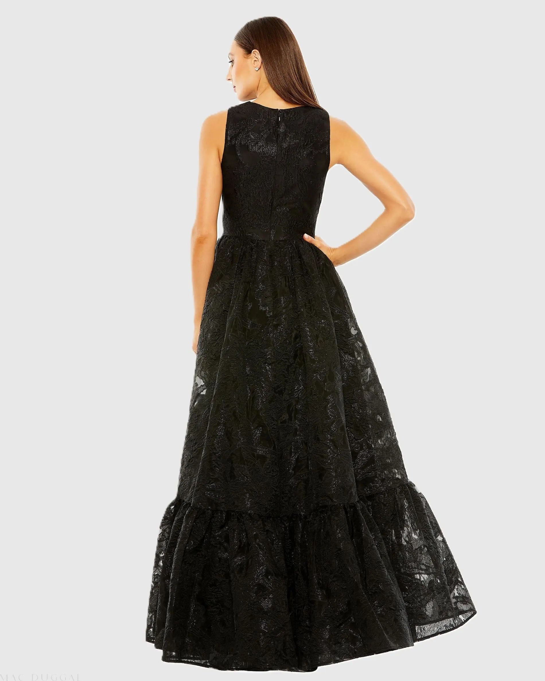 Black Sleeveless High Low Brocade Gown - Mac Duggal Black Sleeveless High Low Brocade Gown - Mac Duggal