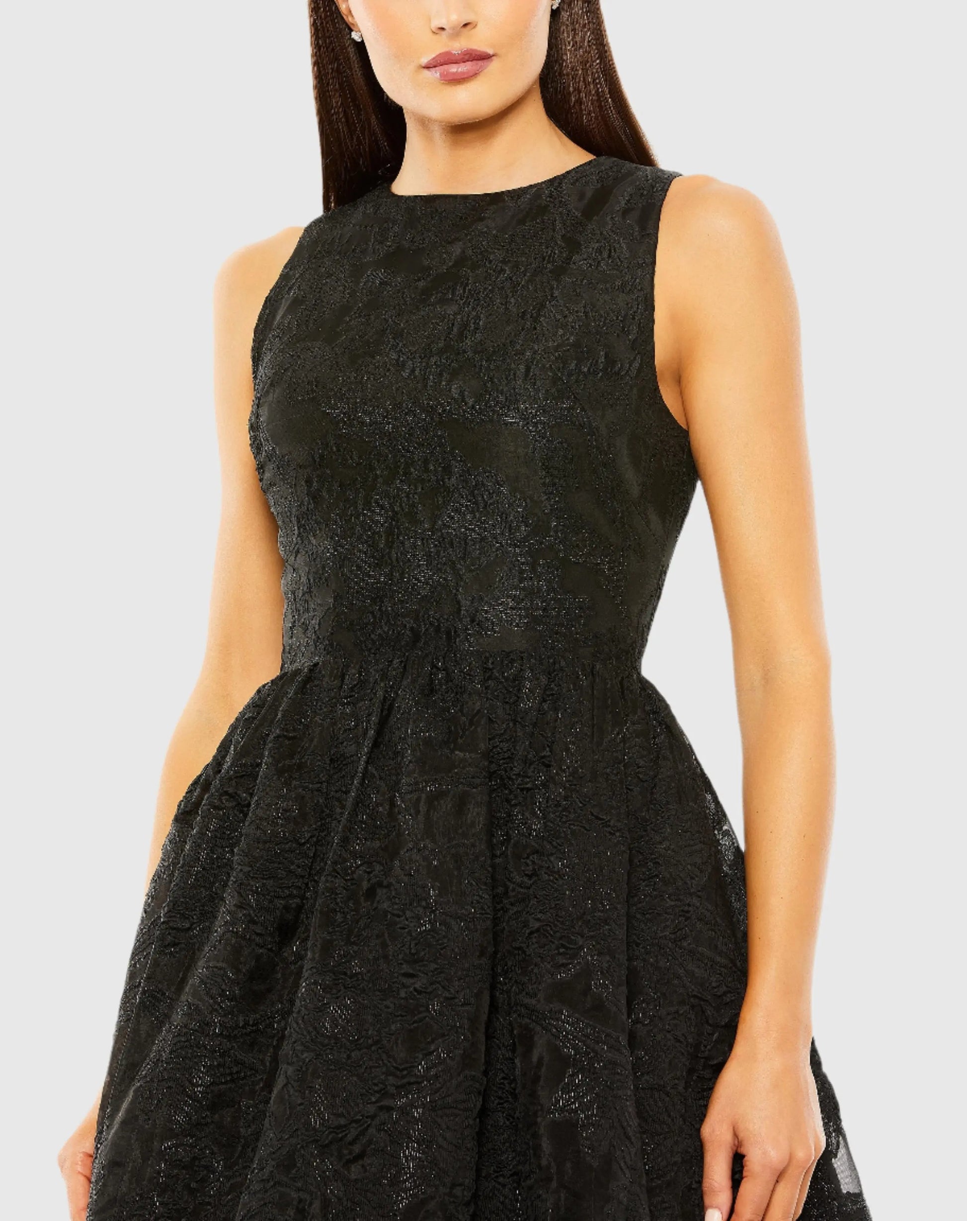 Black Sleeveless High Low Brocade Gown - Mac Duggal