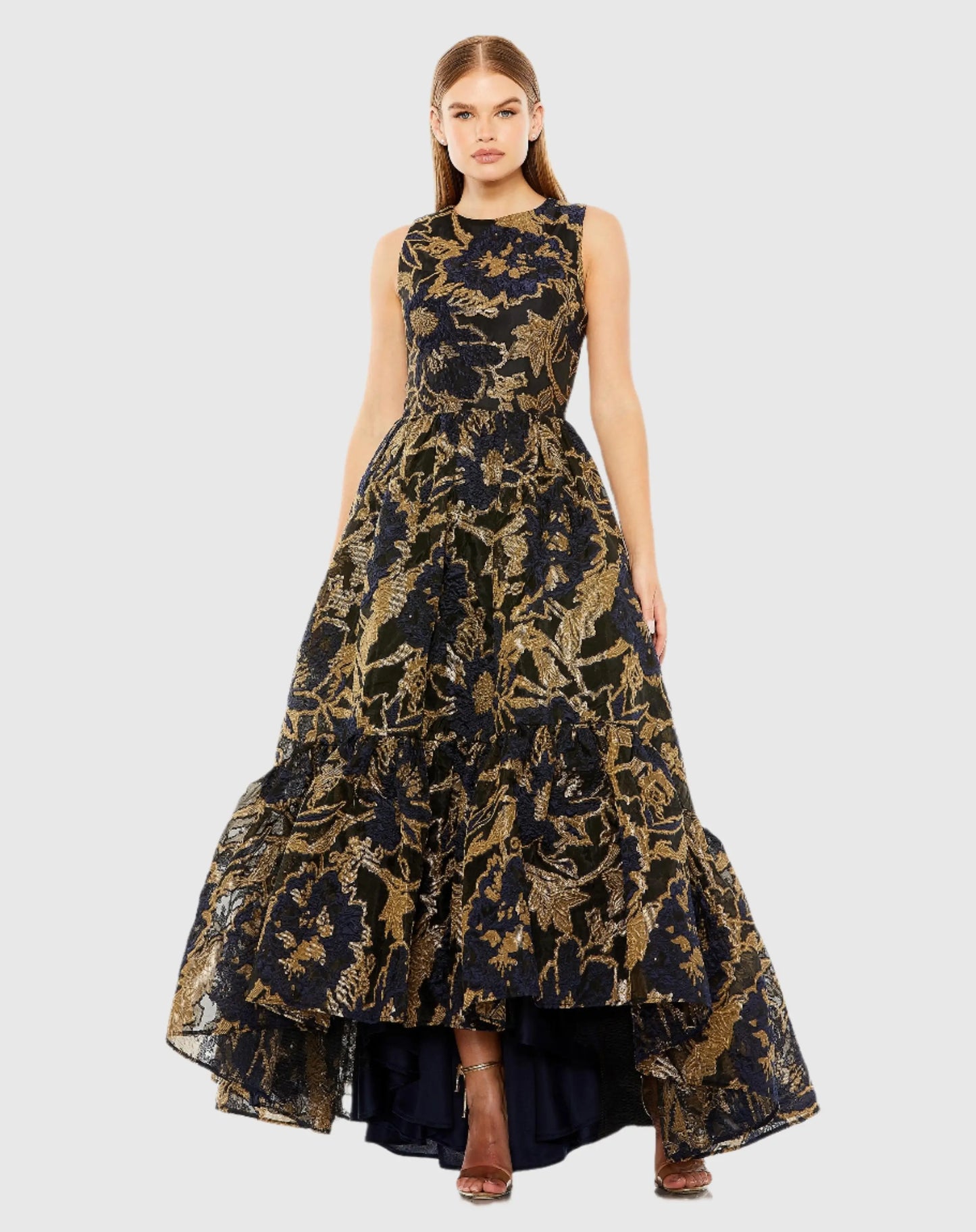 Navy and Gold Sleeveless High Low Brocade Gown - Mac Duggal